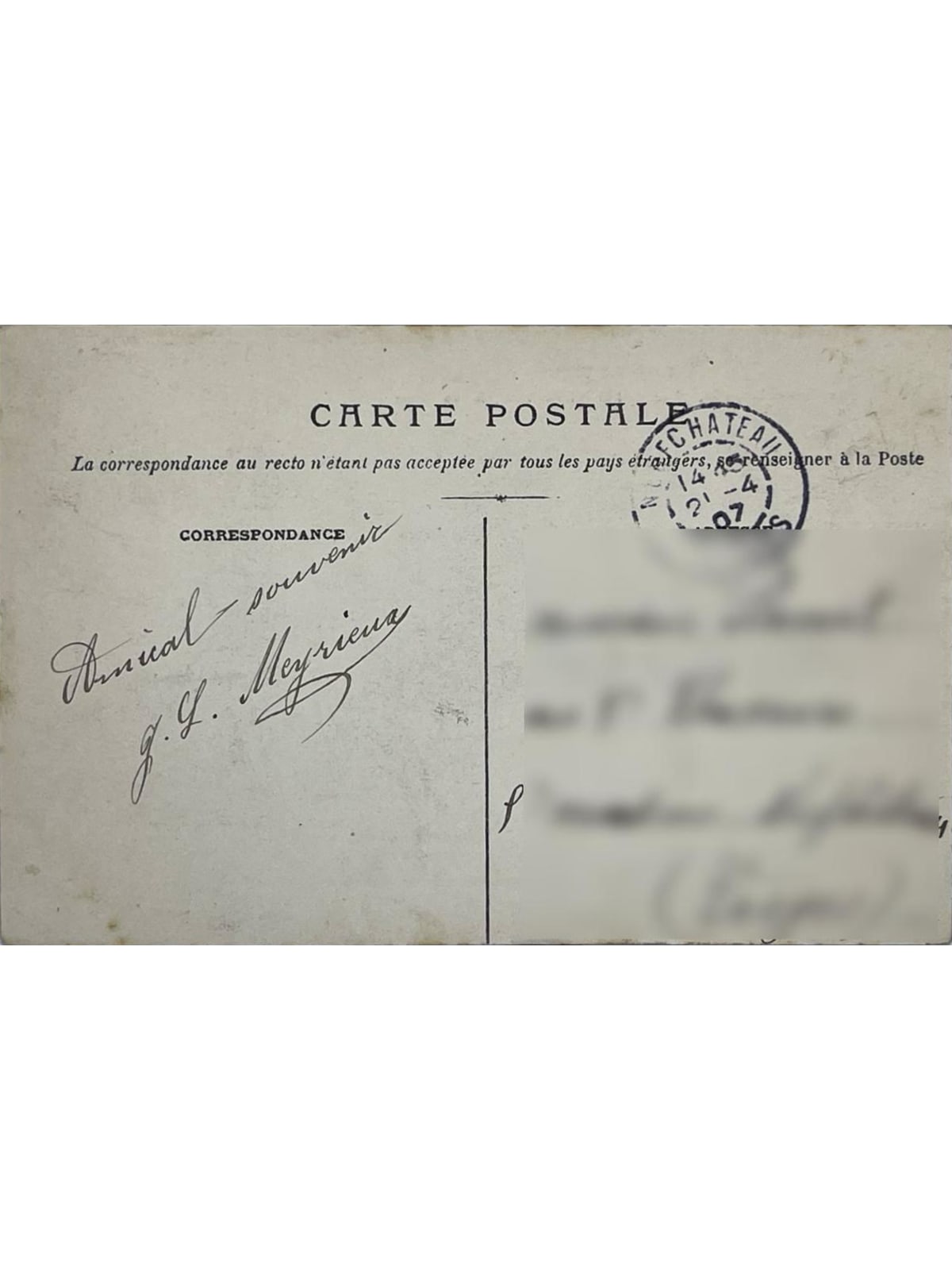 Verso de la carte postale