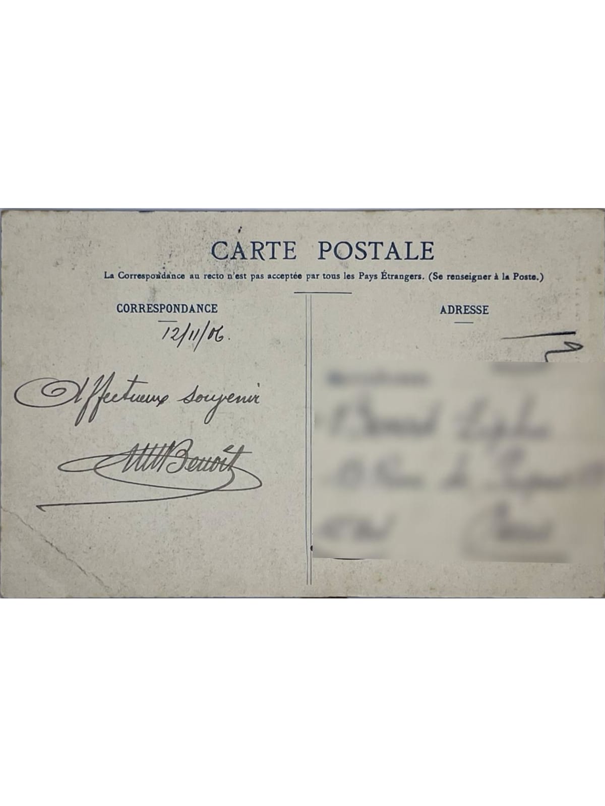 Verso de la carte postale