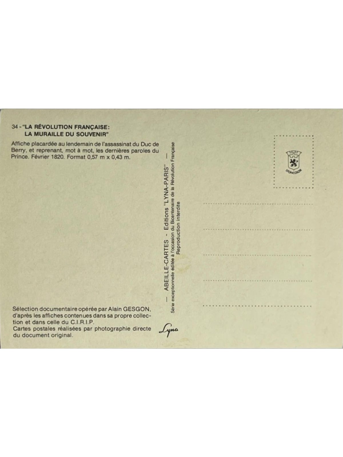 Verso de la carte postale