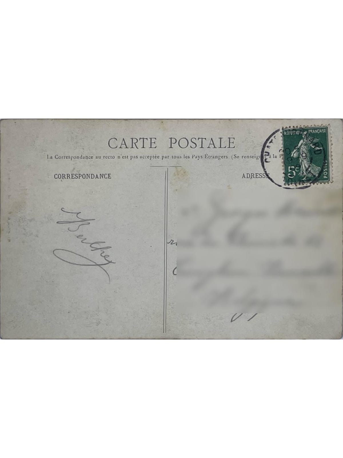 Verso de la carte postale