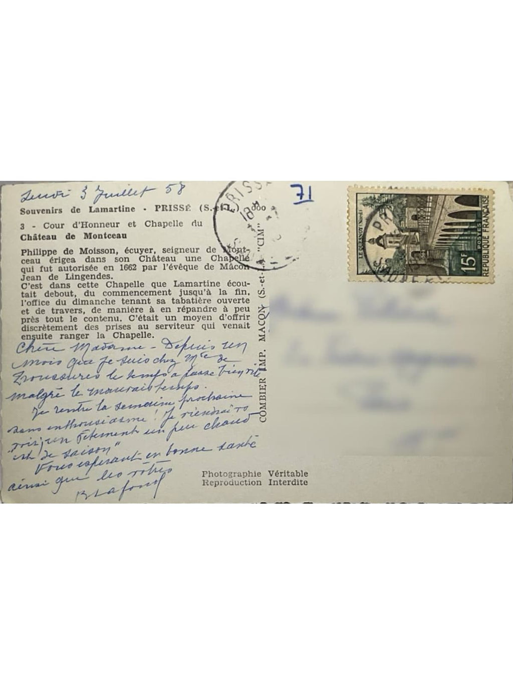 Verso de la carte postale
