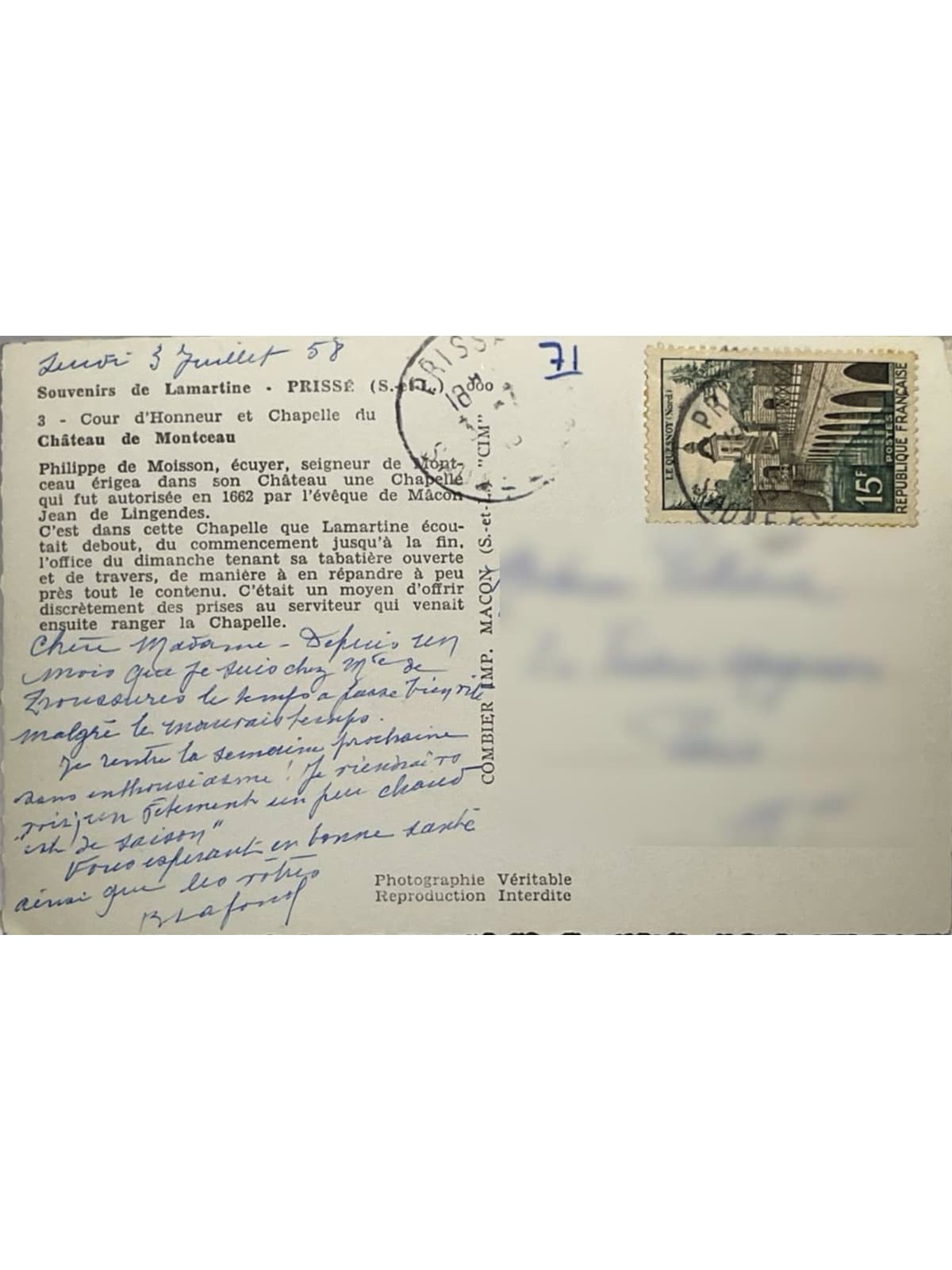 Verso de la carte postale