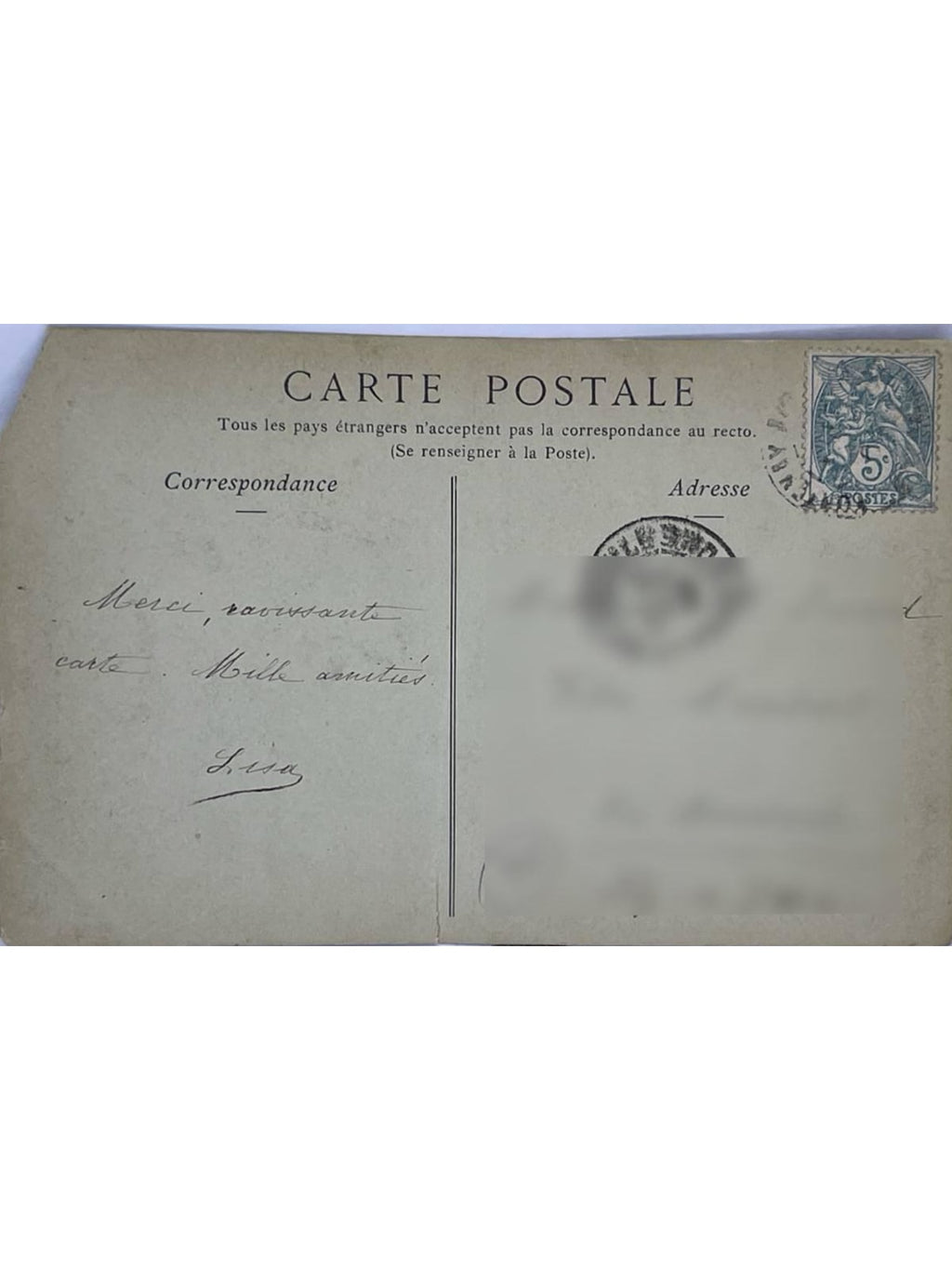 Verso de la carte postale