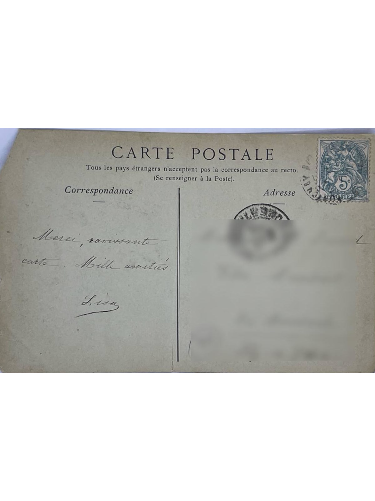Verso de la carte postale