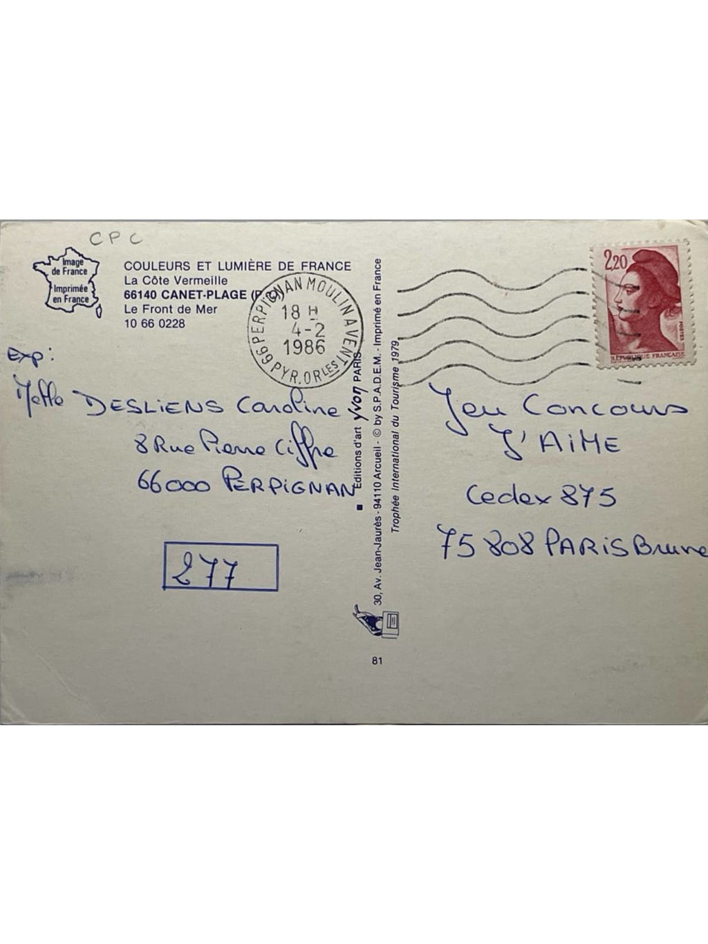 Verso de la carte postale