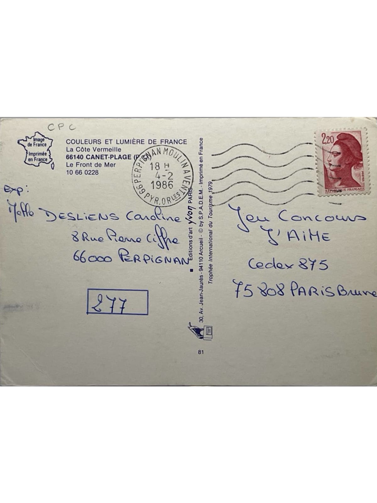 Verso de la carte postale