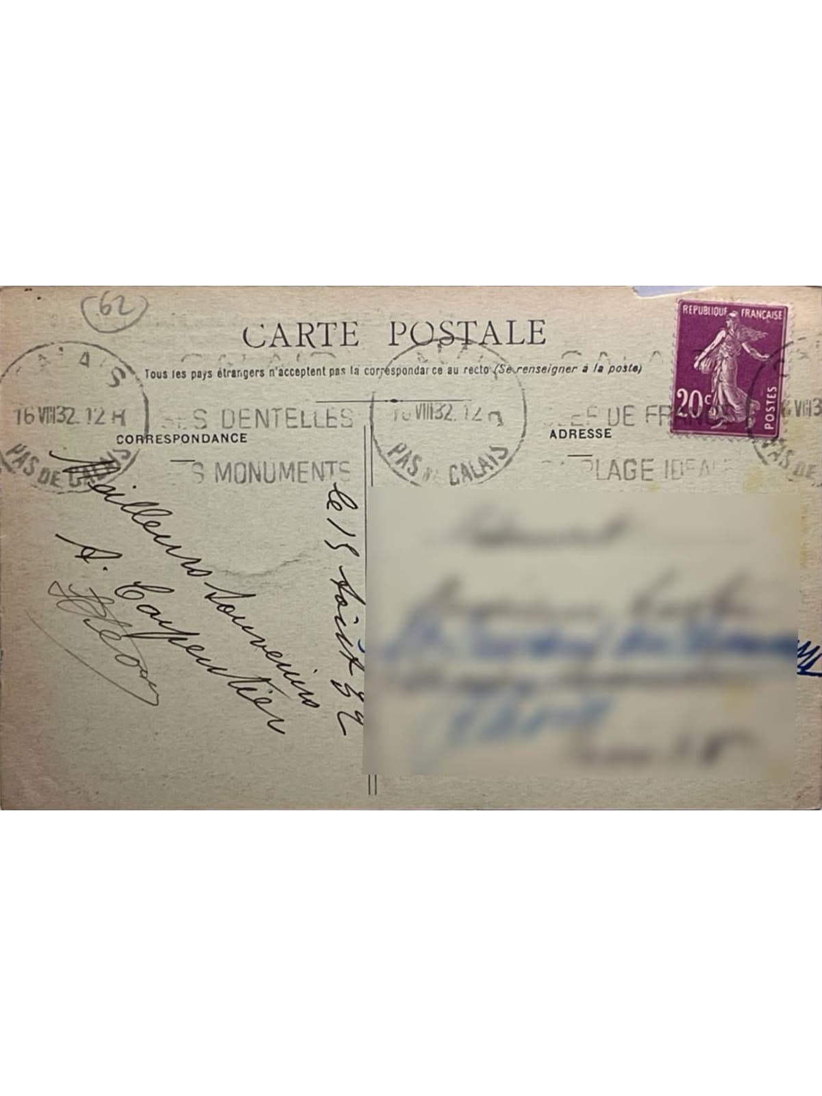 Verso de la carte postale