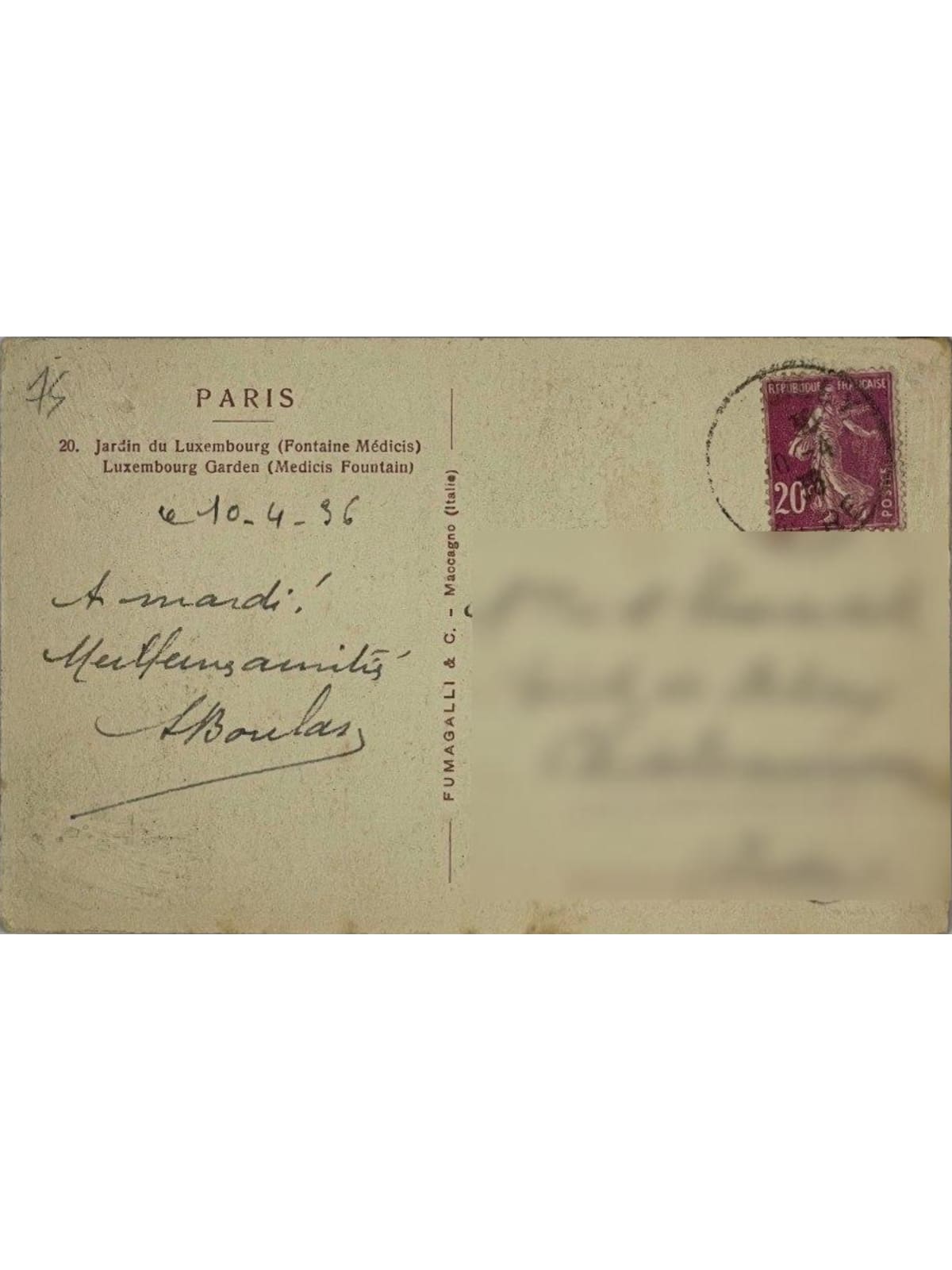 Verso de la carte postale