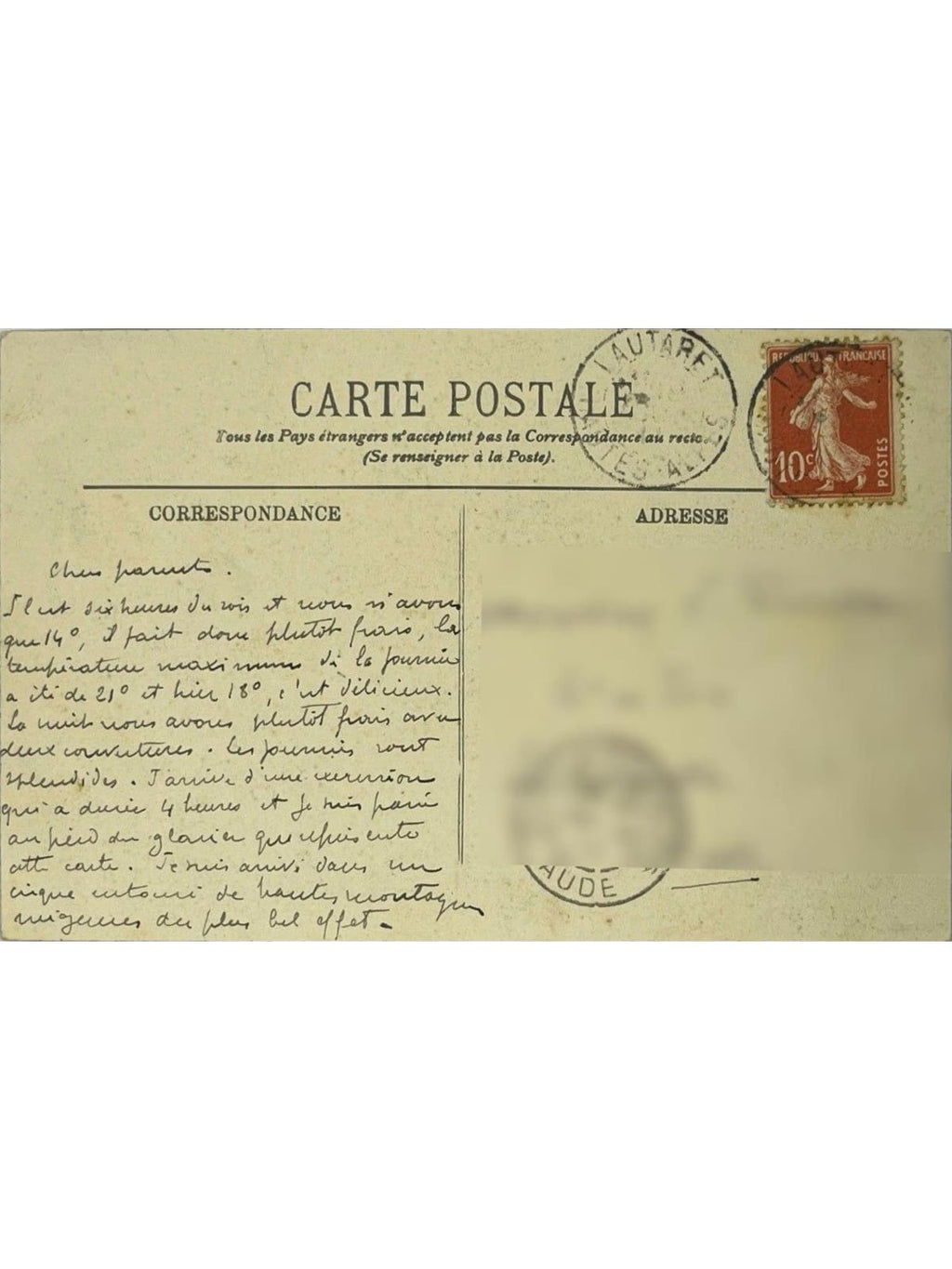 Verso de la carte postale
