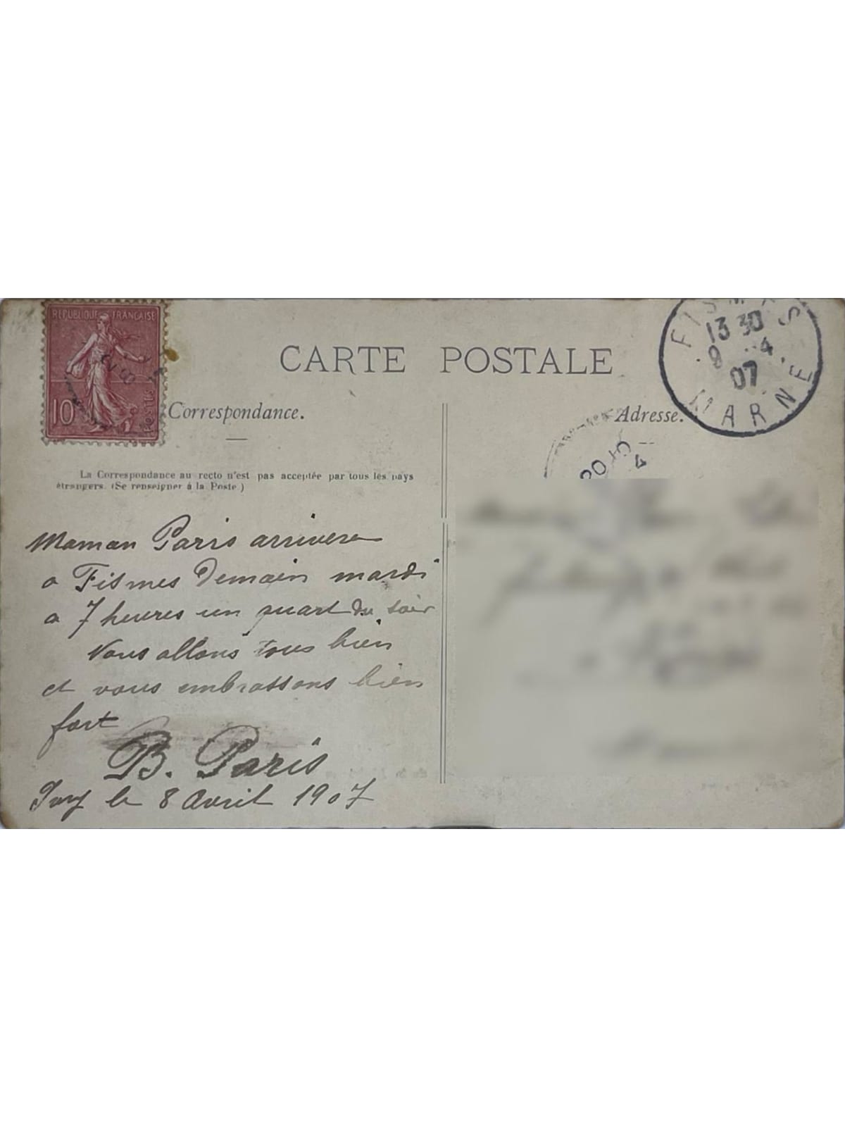Verso de la carte postale