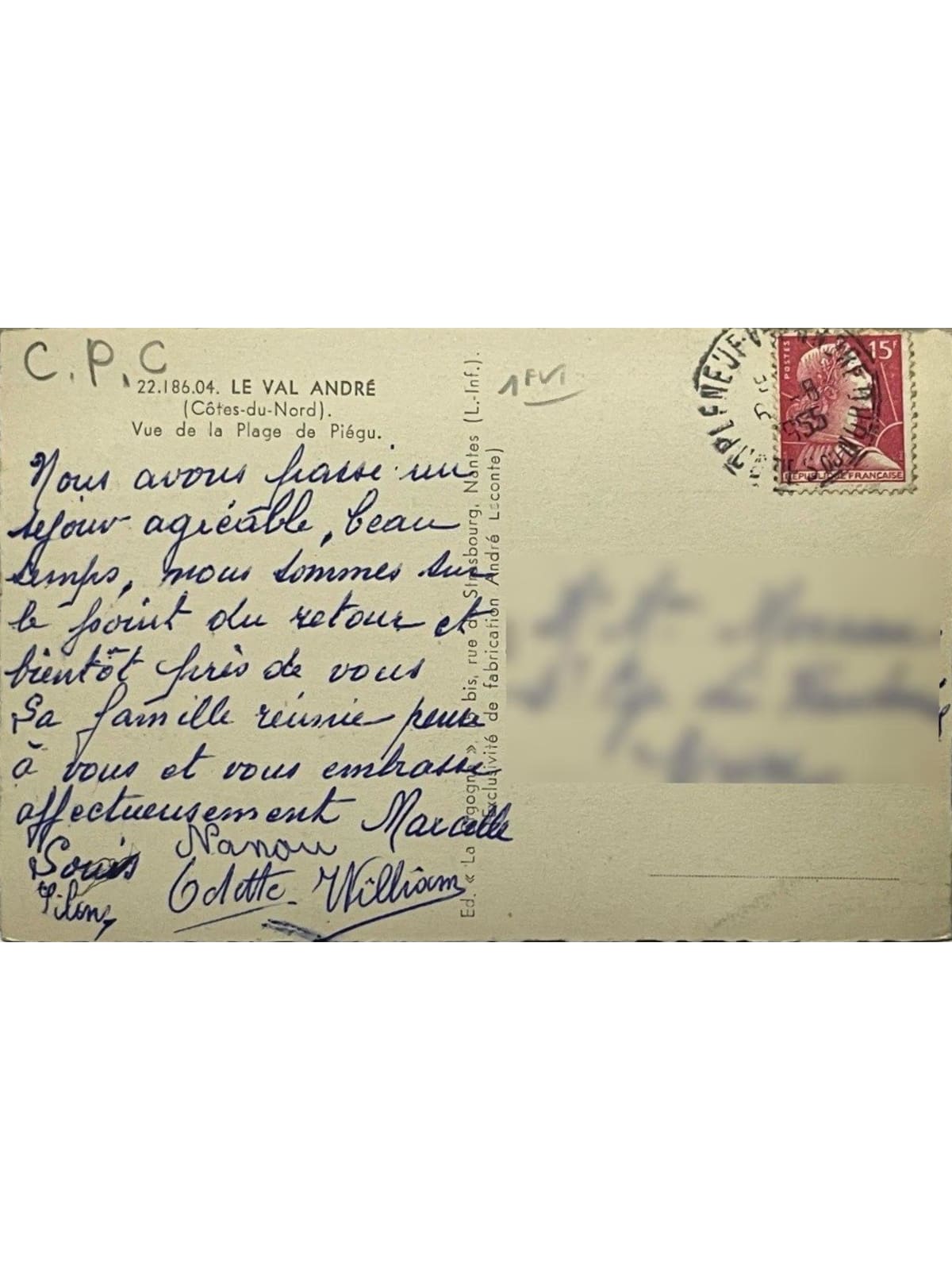 Verso de la carte postale