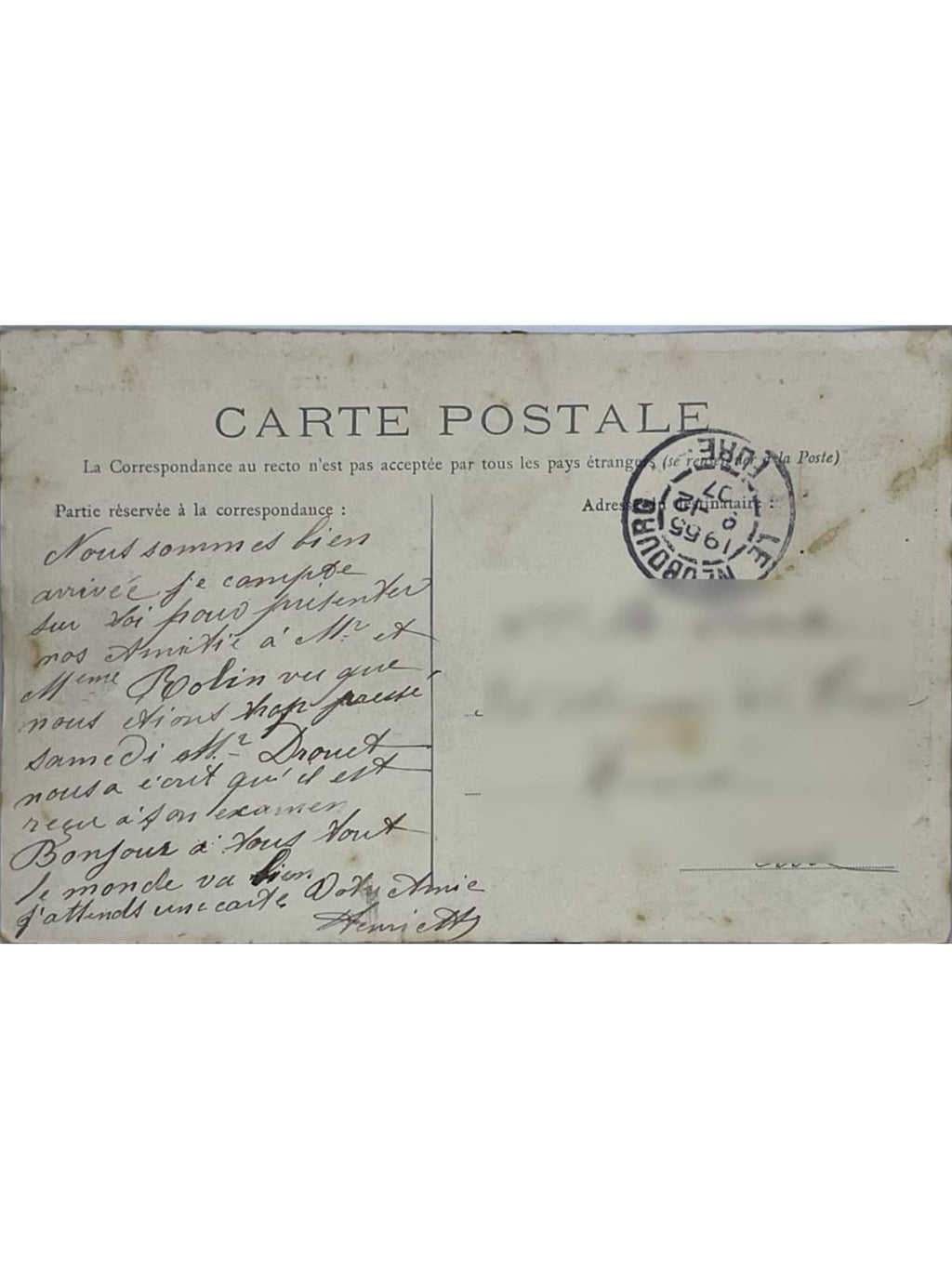 Verso de la carte postale