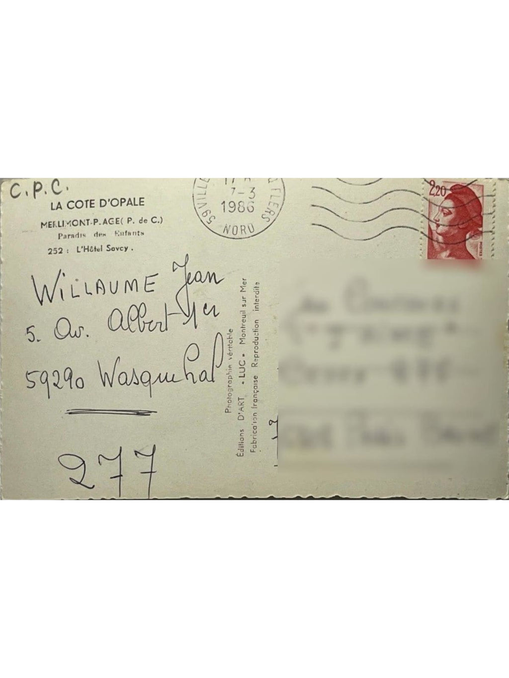 Verso de la carte postale