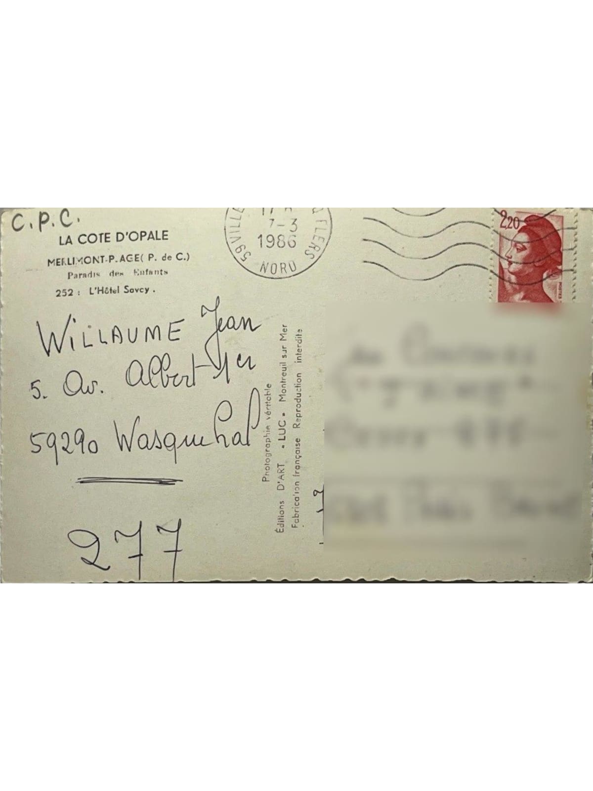 Verso de la carte postale