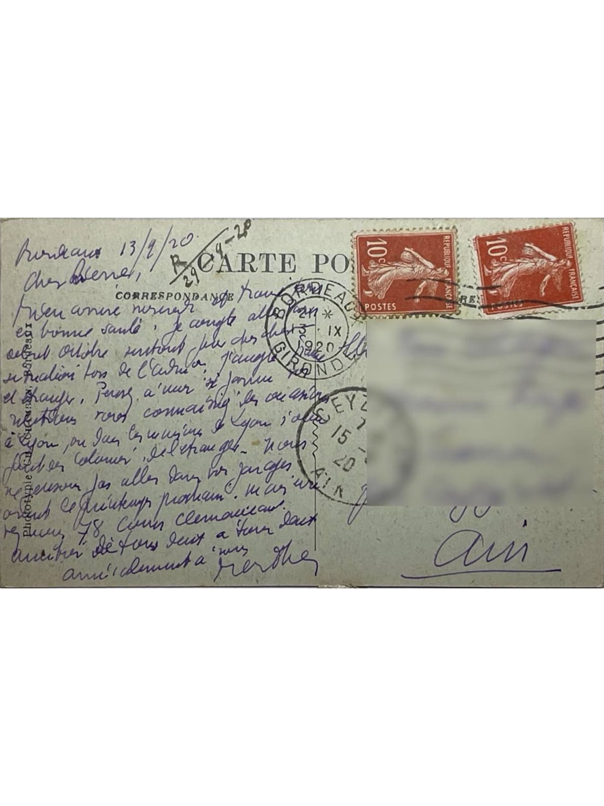 Verso de la carte postale