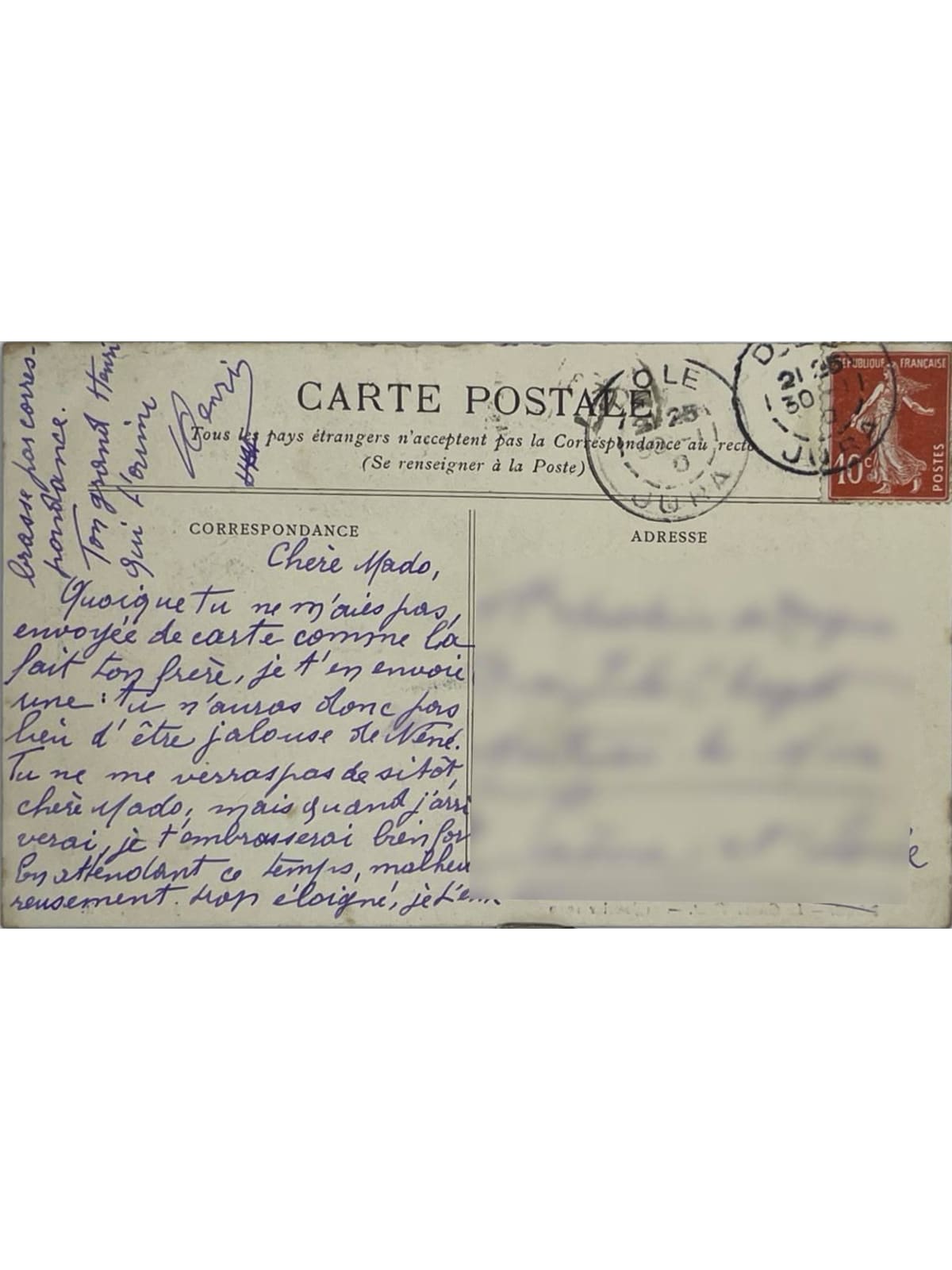 Verso de la carte postale