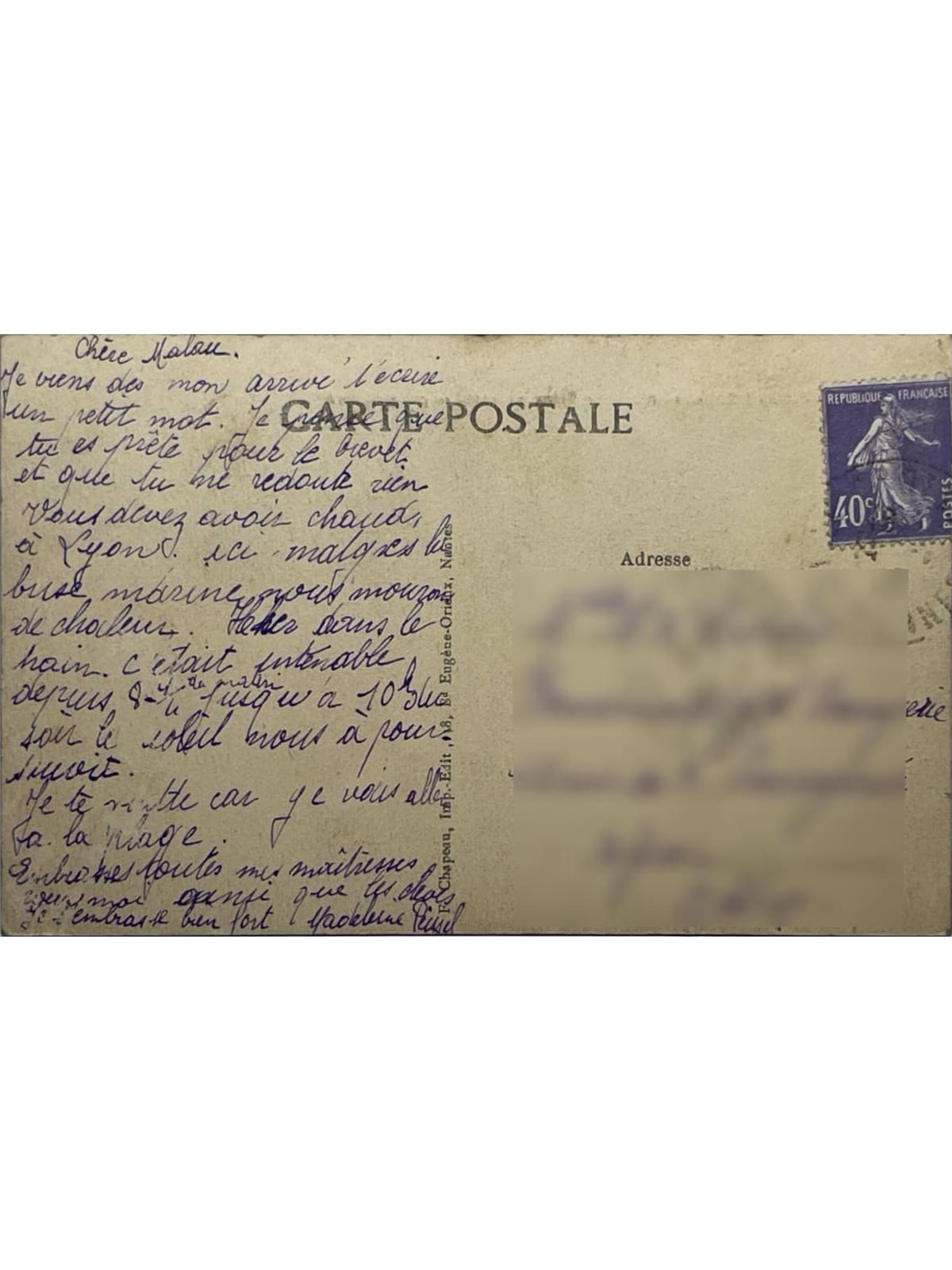 Verso de la carte postale