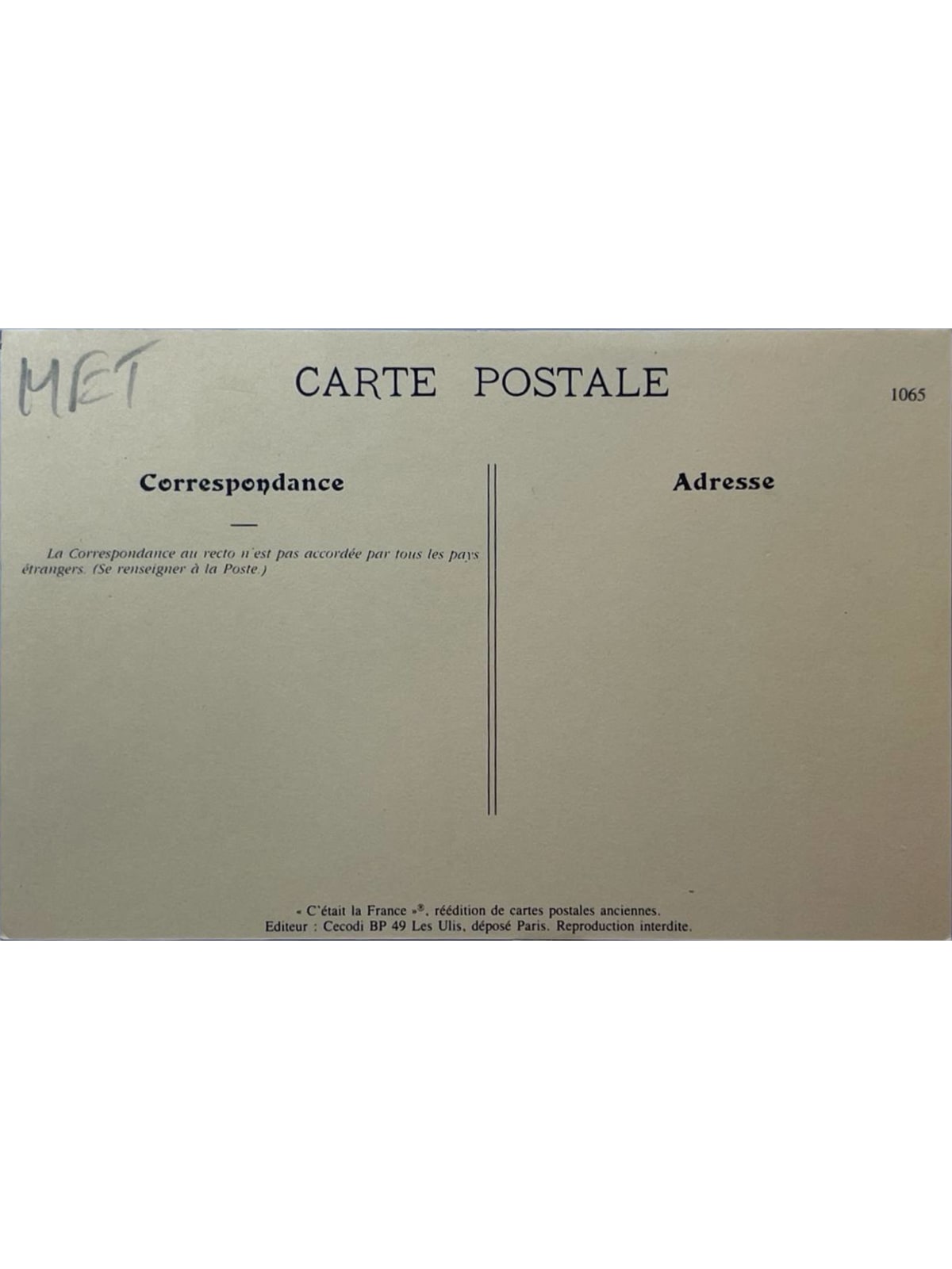 Verso de la carte postale
