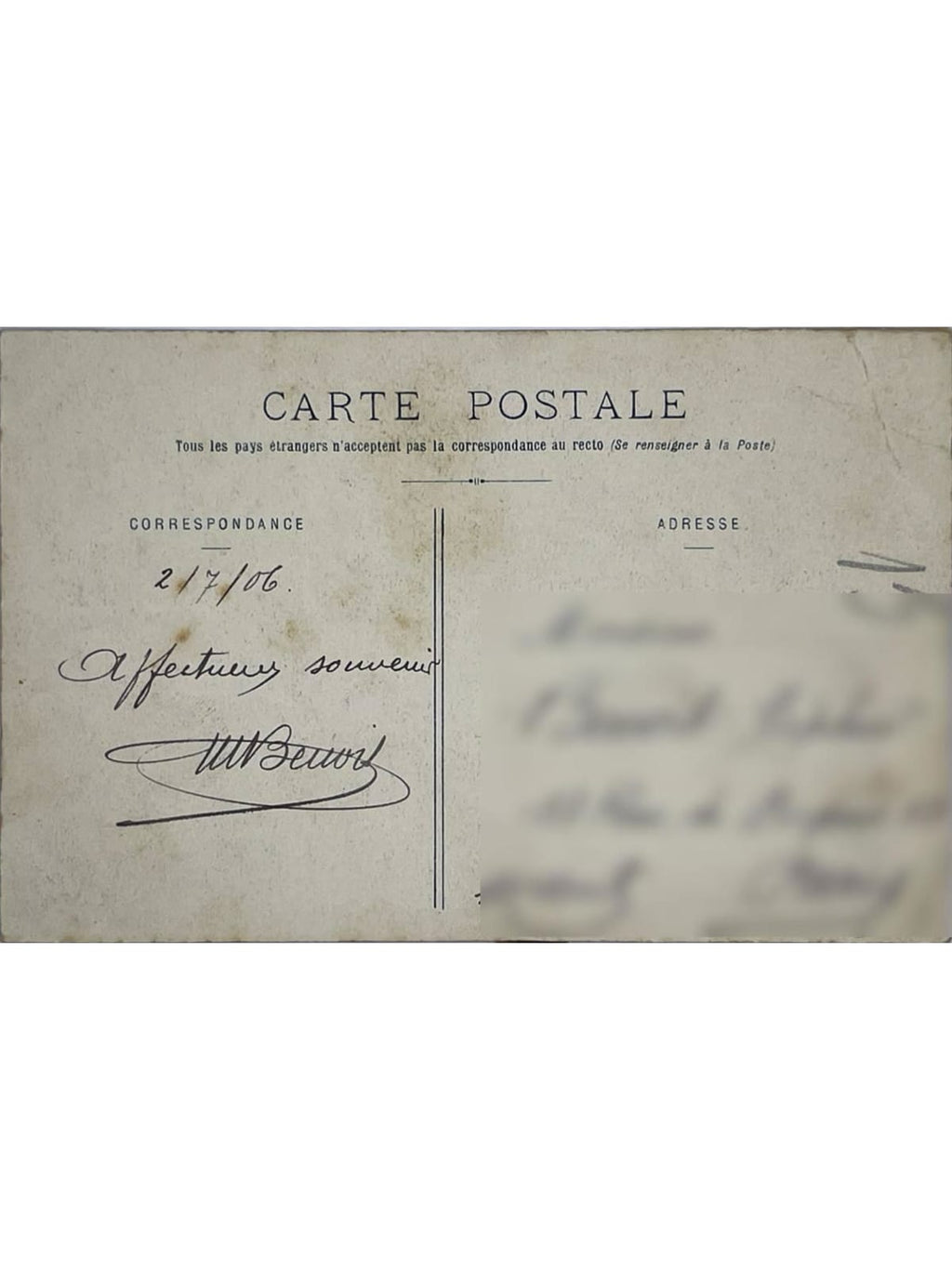 Verso de la carte postale