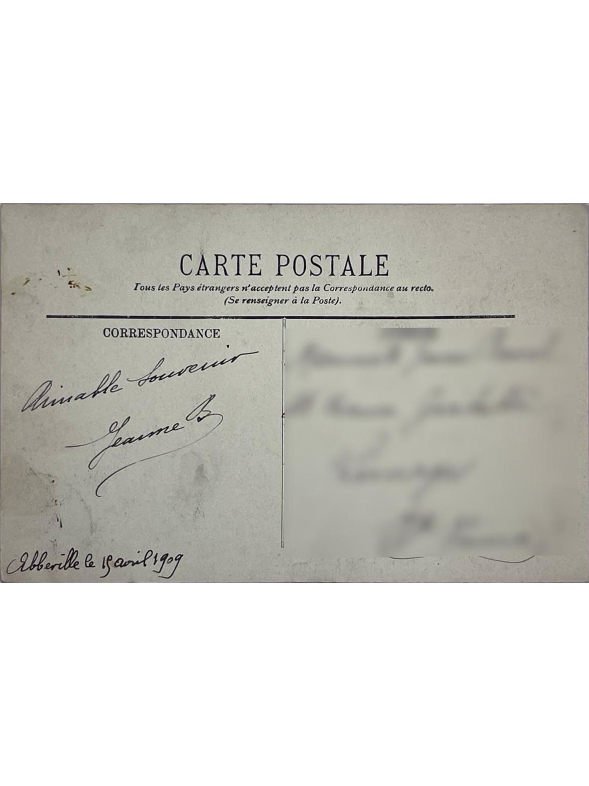 Verso de la carte postale