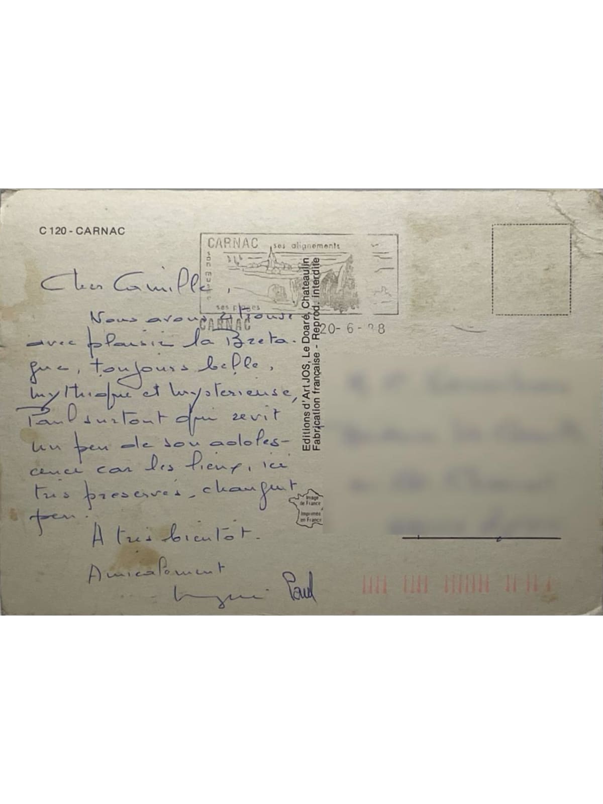 Verso de la carte postale