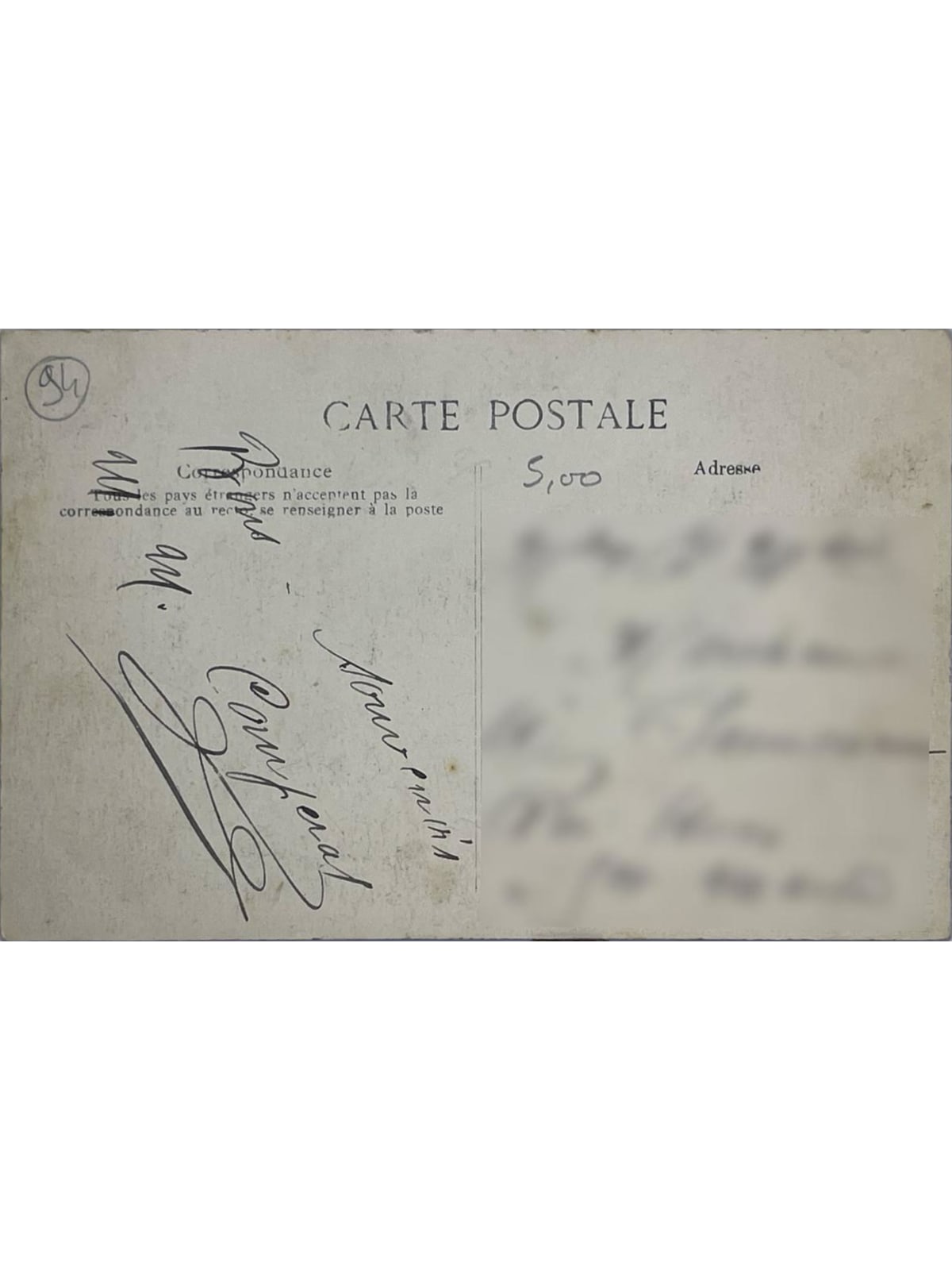 Verso de la carte postale