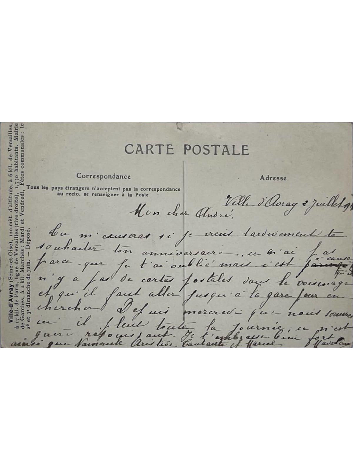 Verso de la carte postale