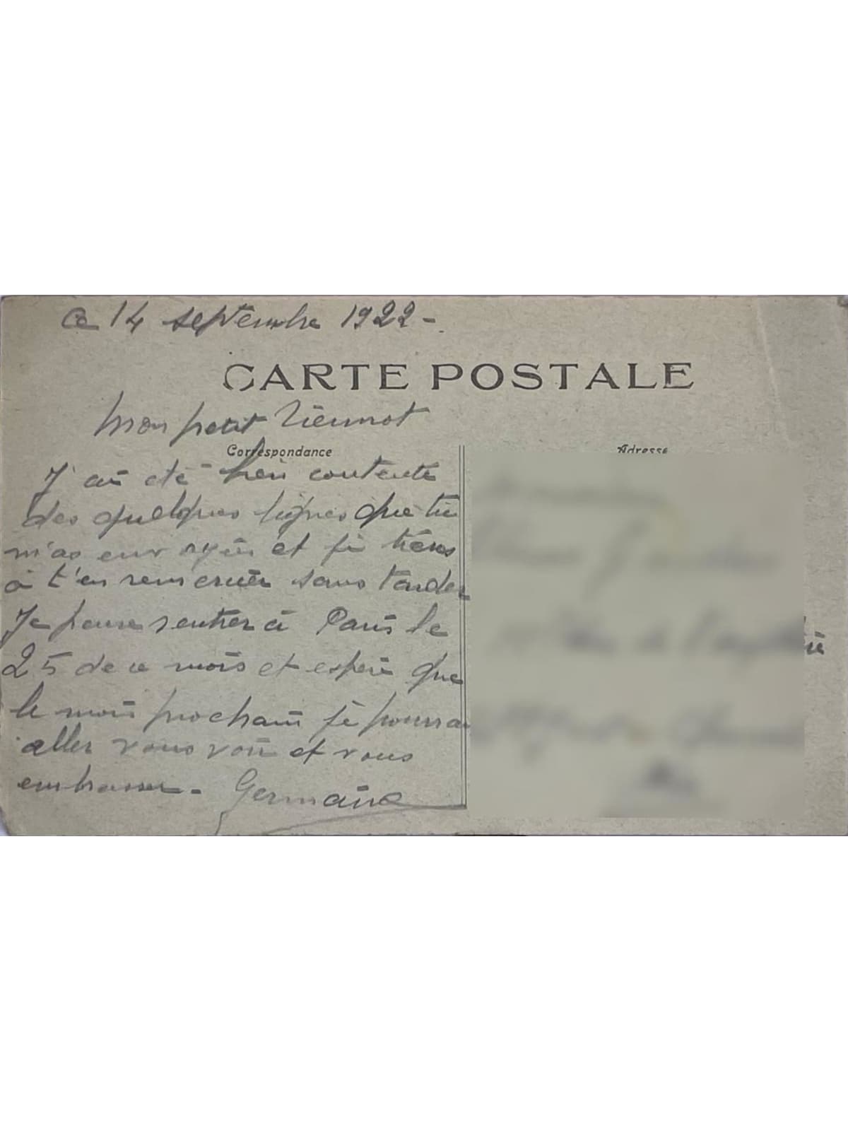 Verso de la carte postale