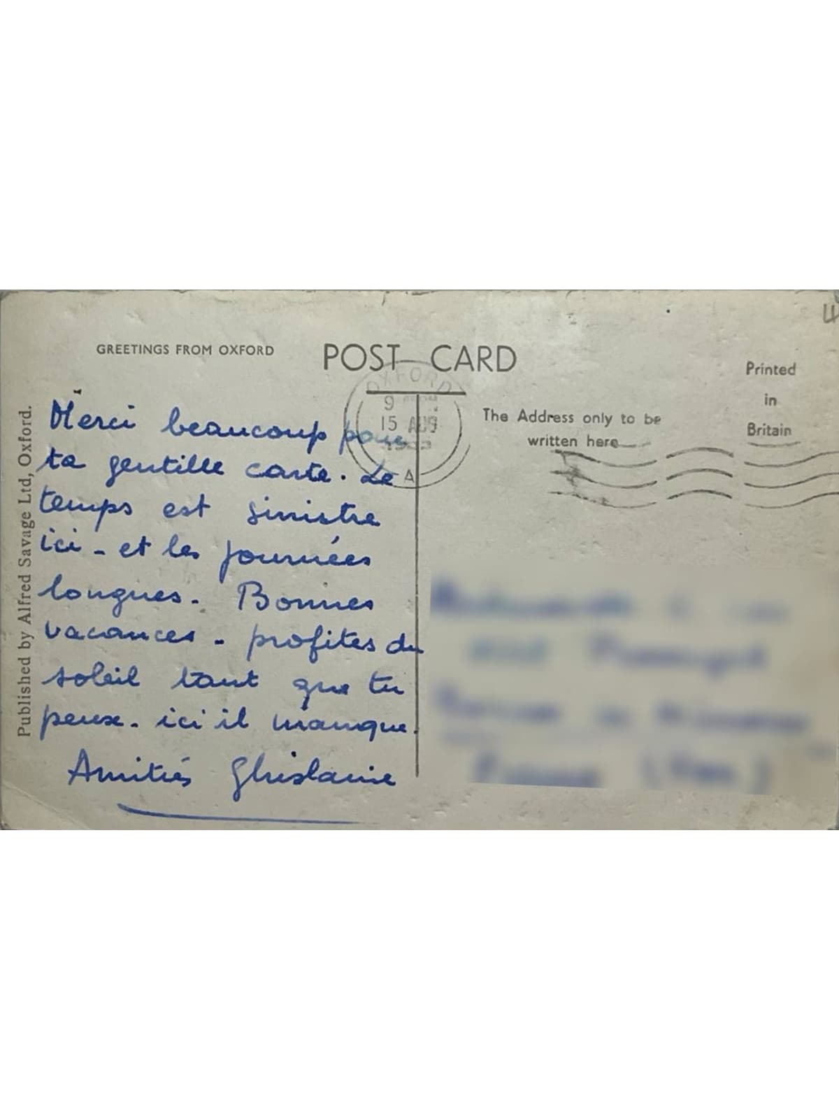 Verso de la carte postale