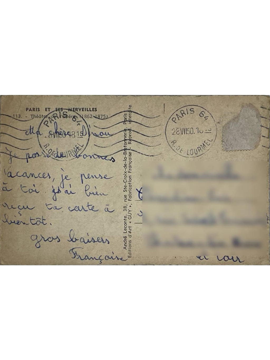 Verso de la carte postale