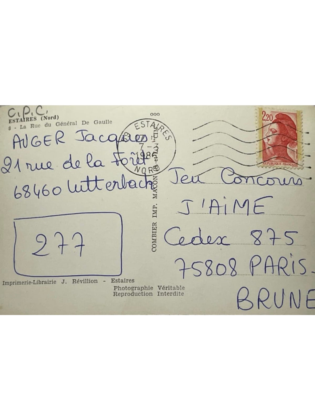 Verso de la carte postale