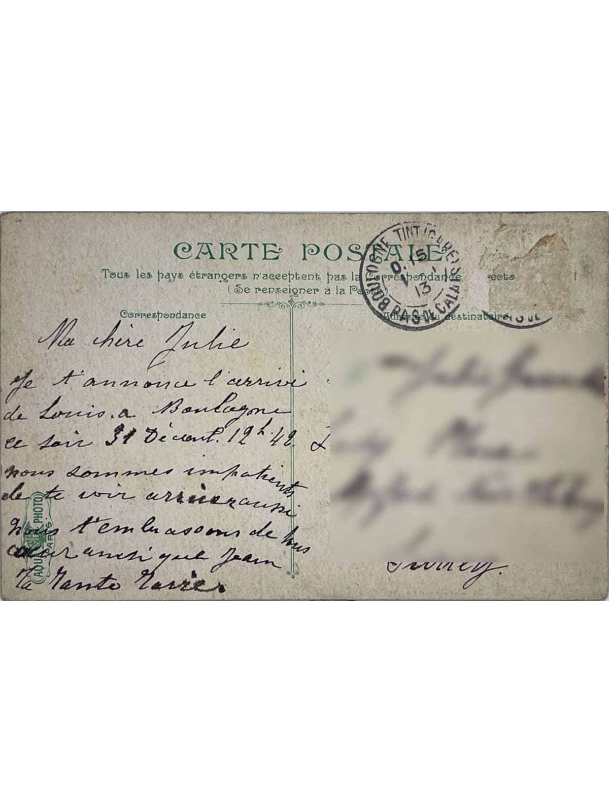 Verso de la carte postale