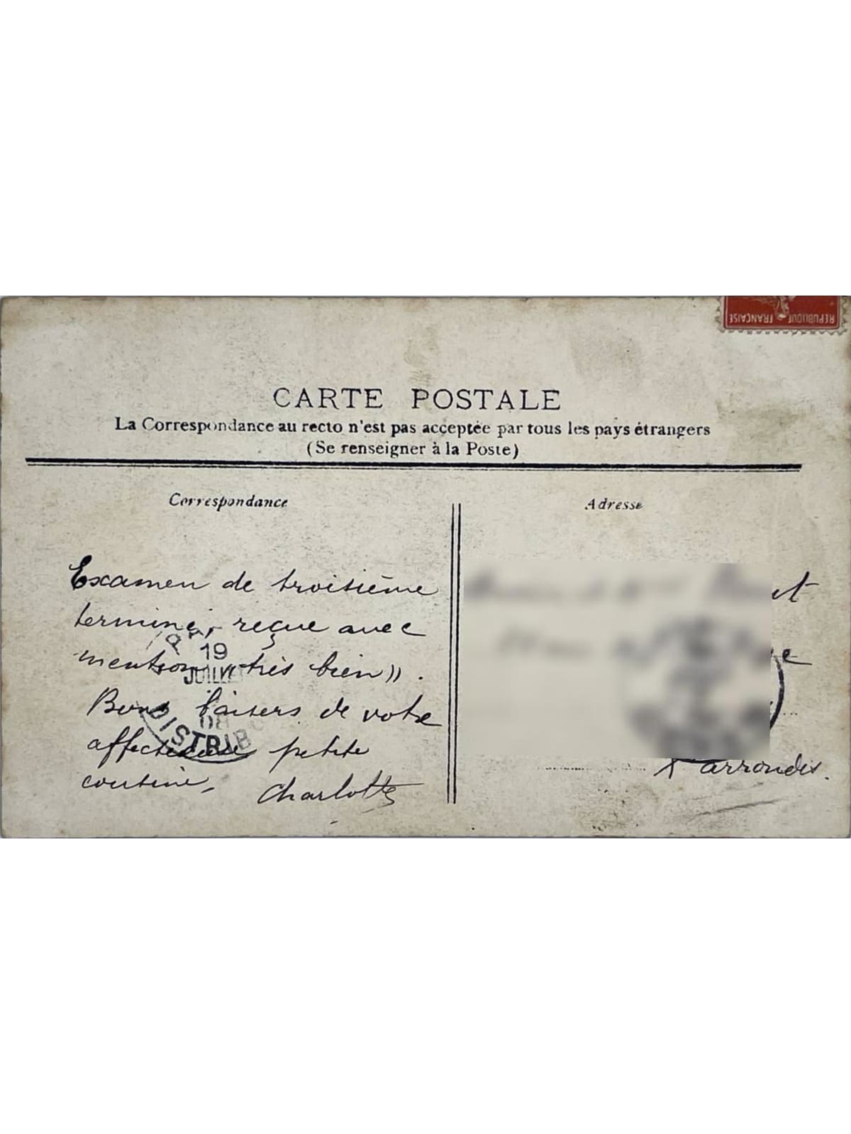 Verso de la carte postale