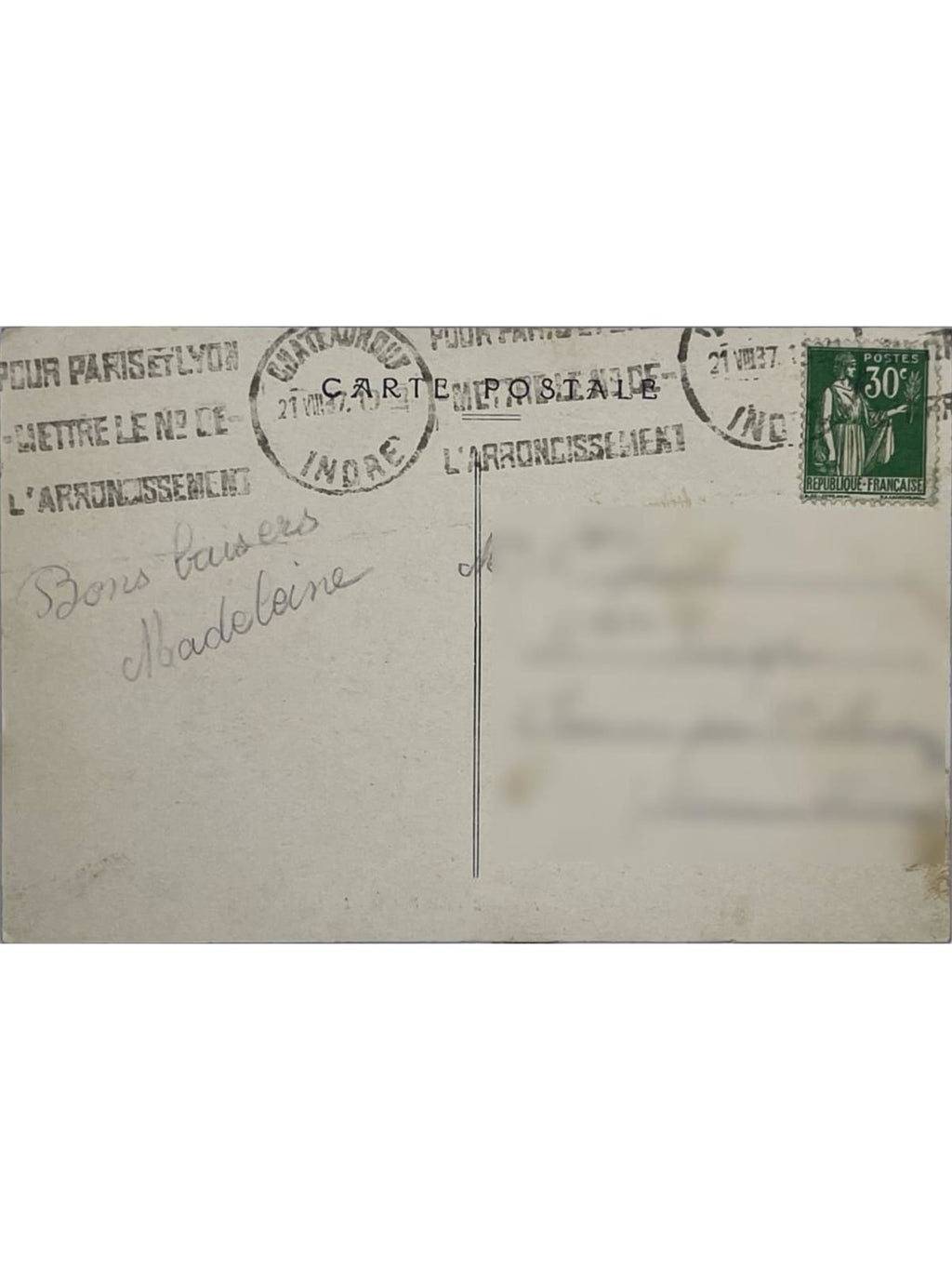 Verso de la carte postale