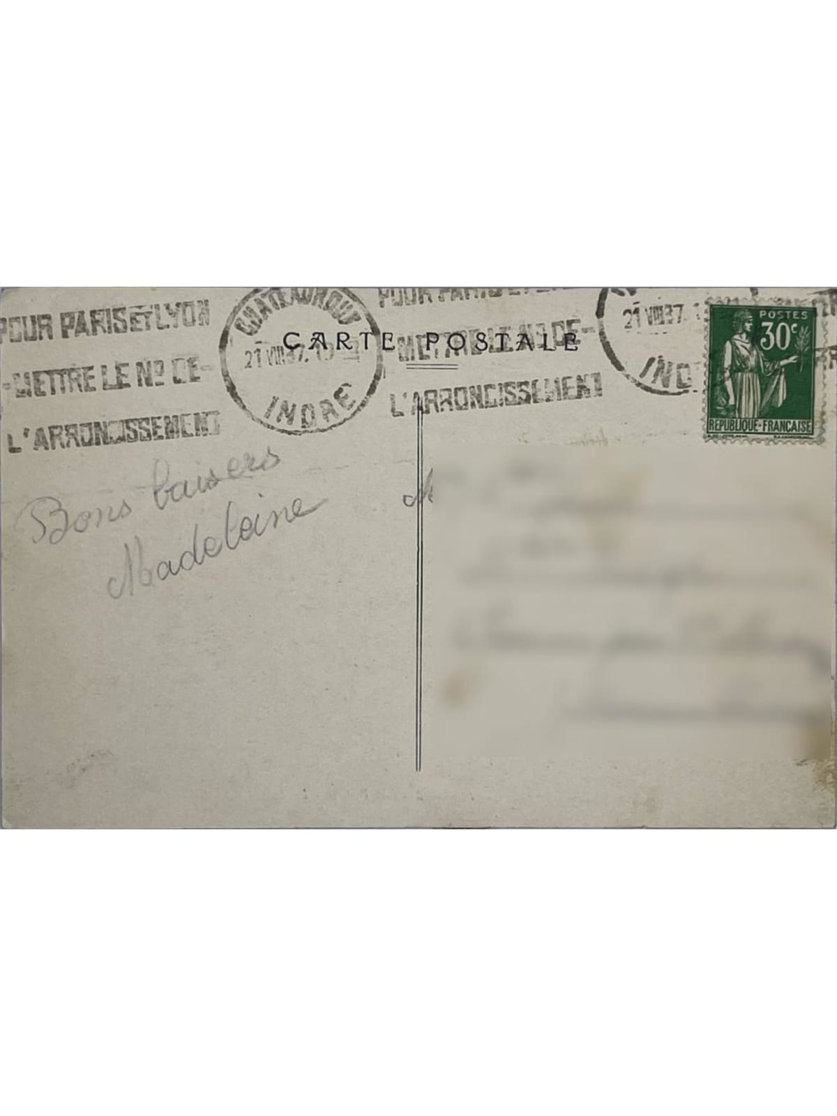 Verso de la carte postale