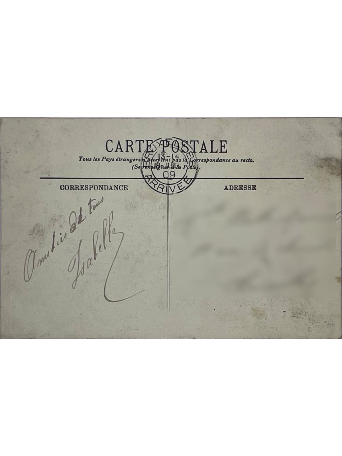 Verso de la carte postale