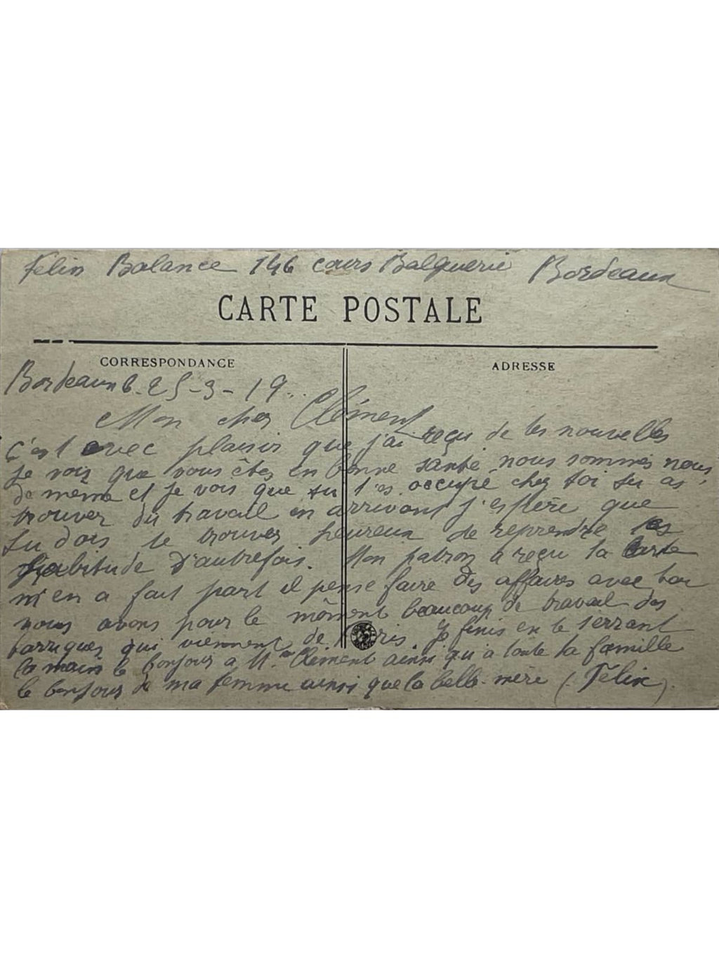 Verso de la carte postale