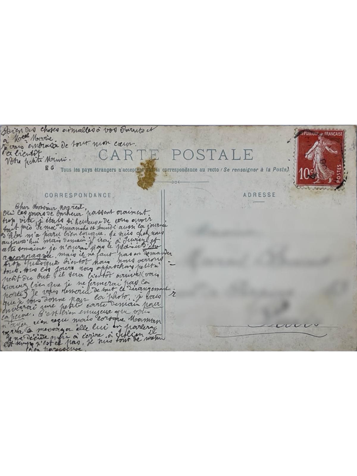 Verso de la carte postale