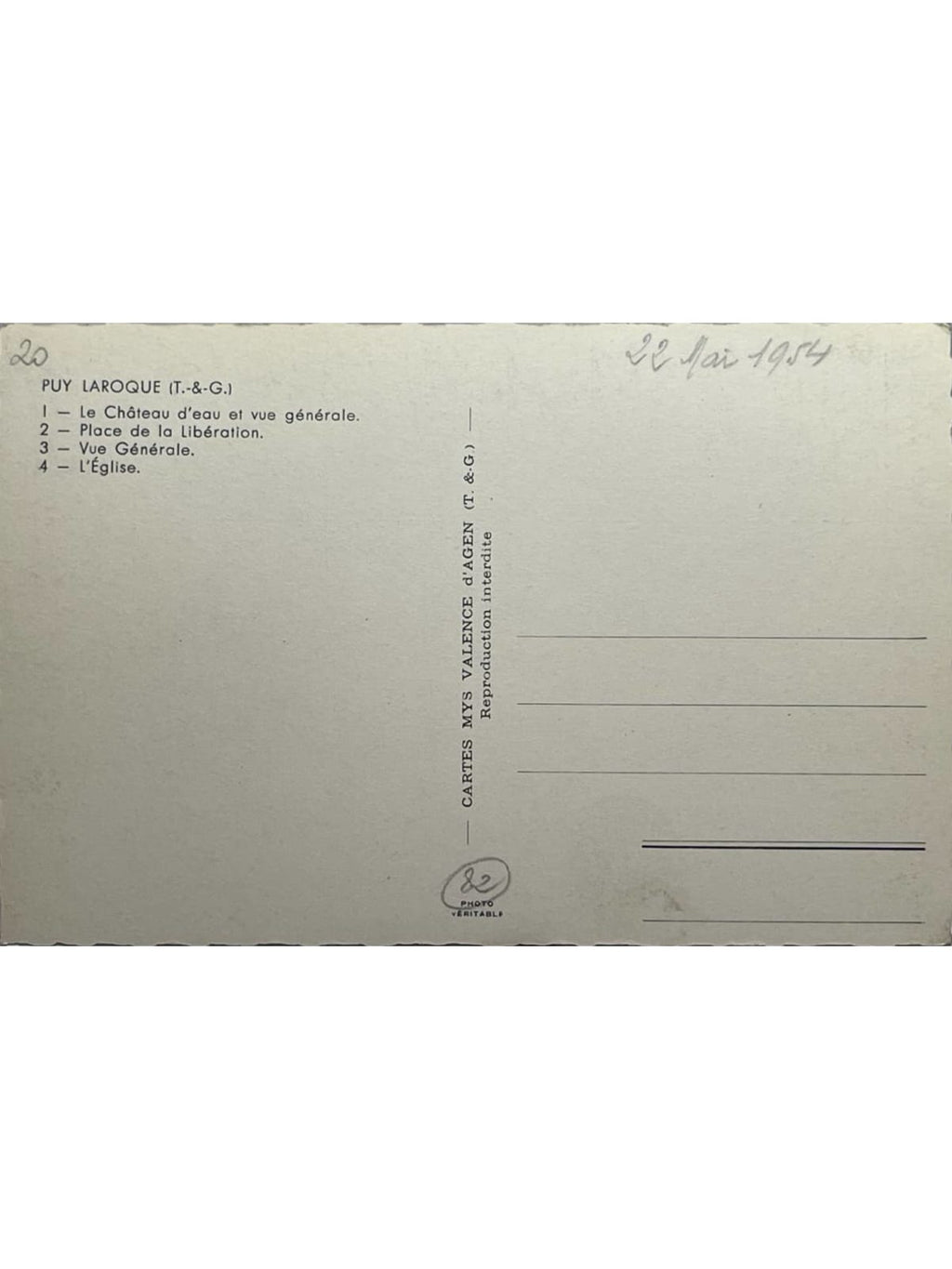 Verso de la carte postale