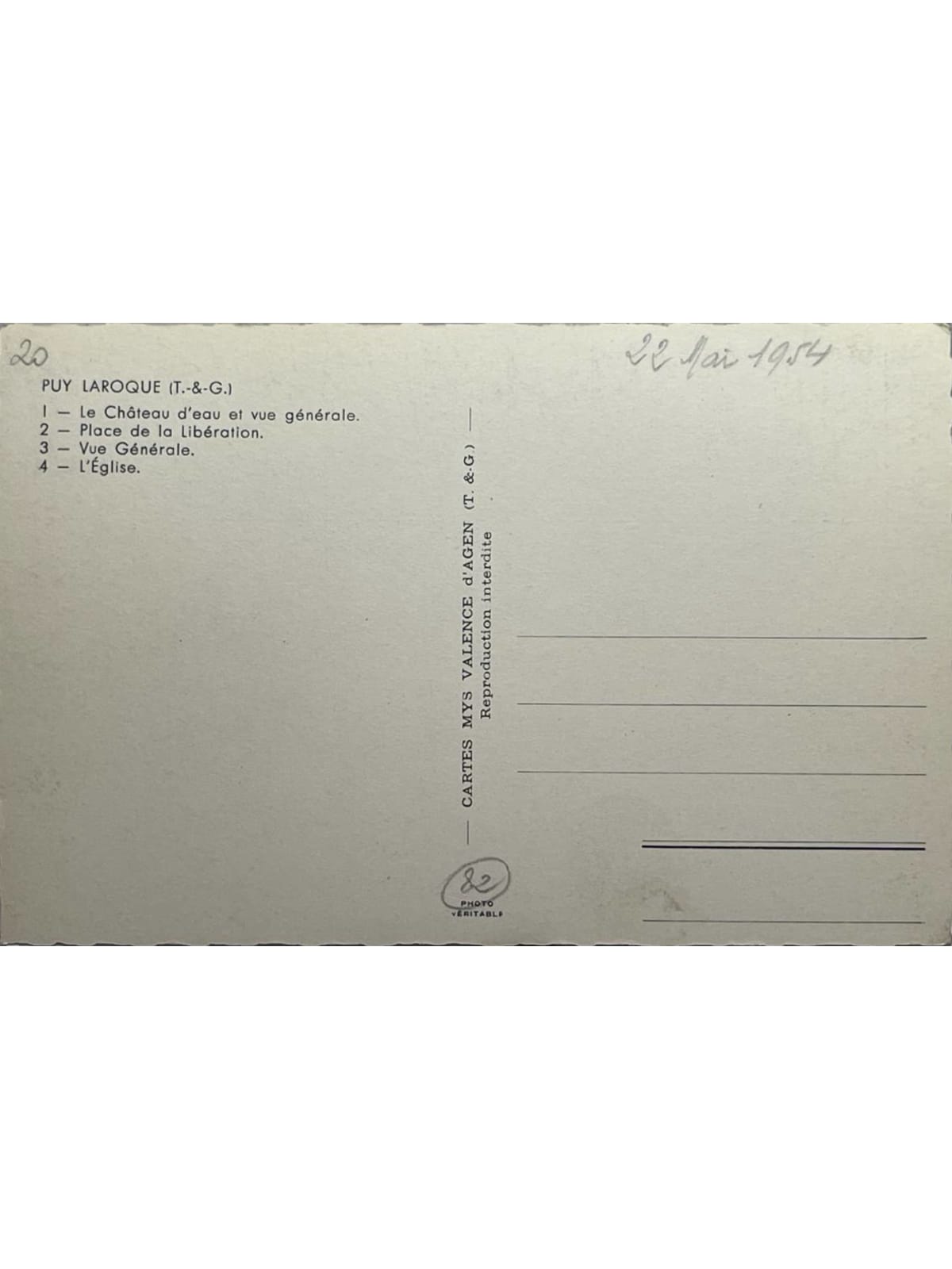 Verso de la carte postale