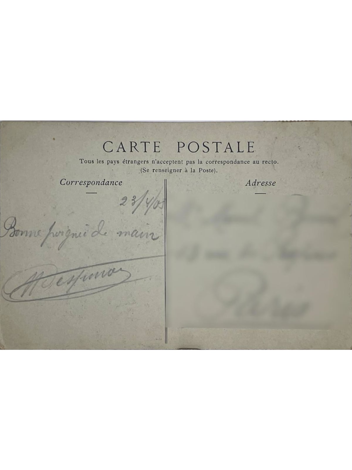 Verso de la carte postale