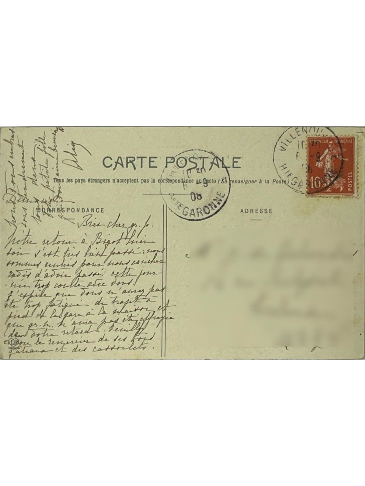 Verso de la carte postale