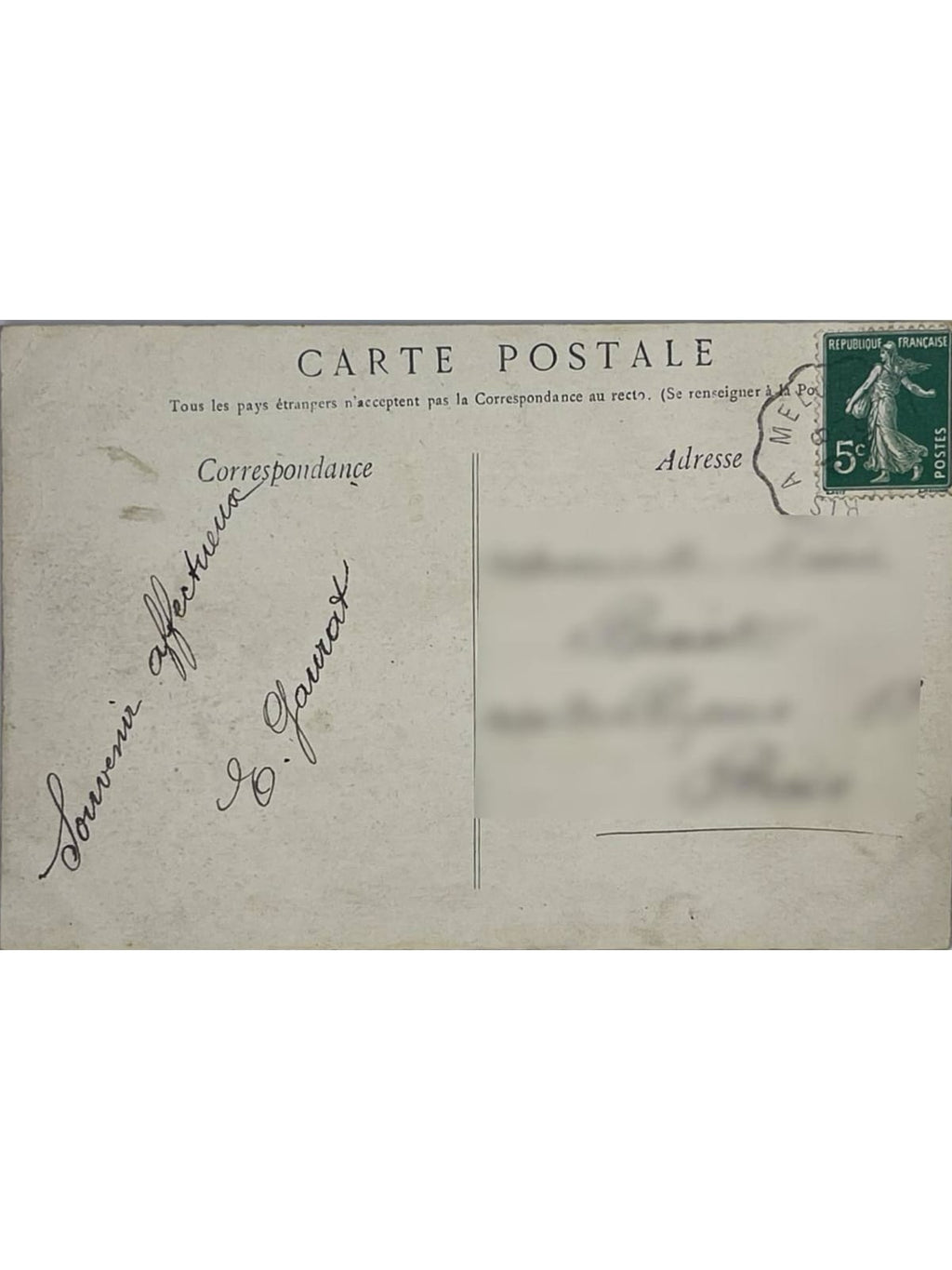 Verso de la carte postale