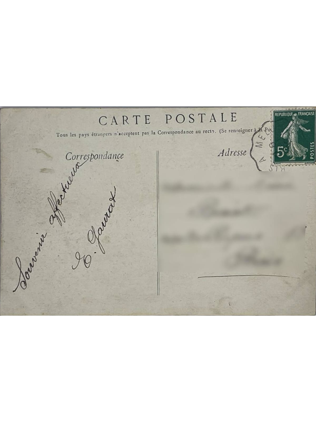 Verso de la carte postale