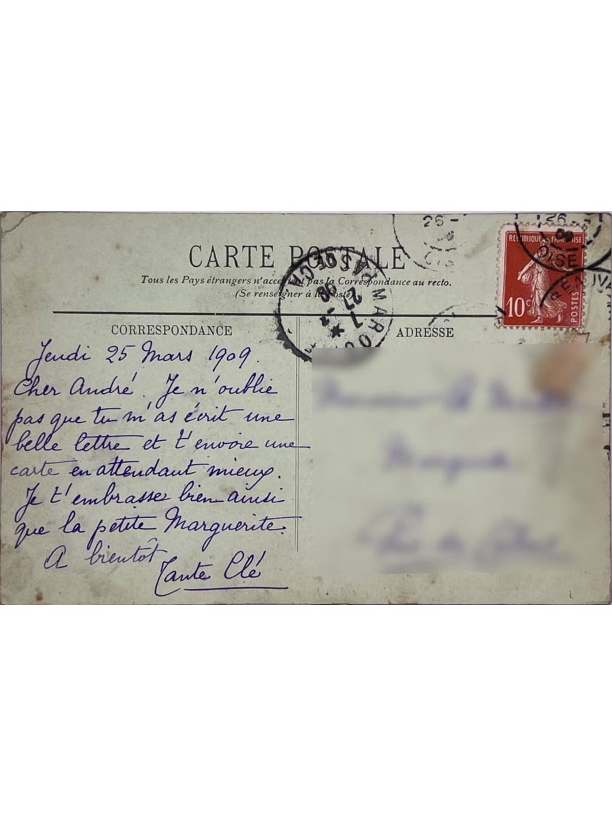Verso de la carte postale