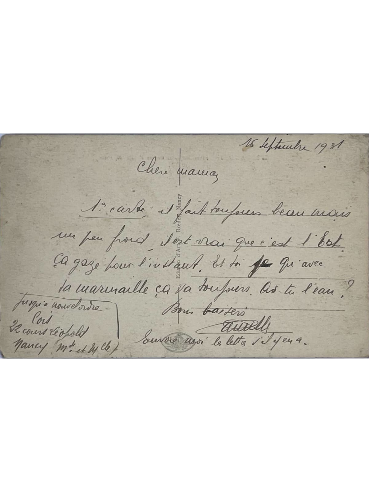 Verso de la carte postale
