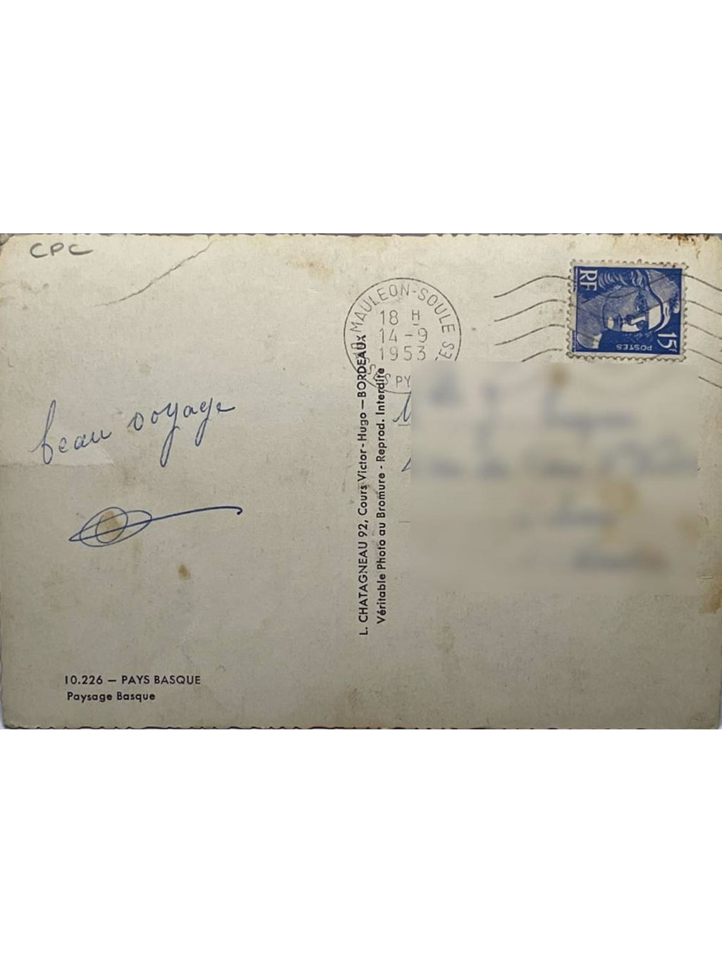 Verso de la carte postale