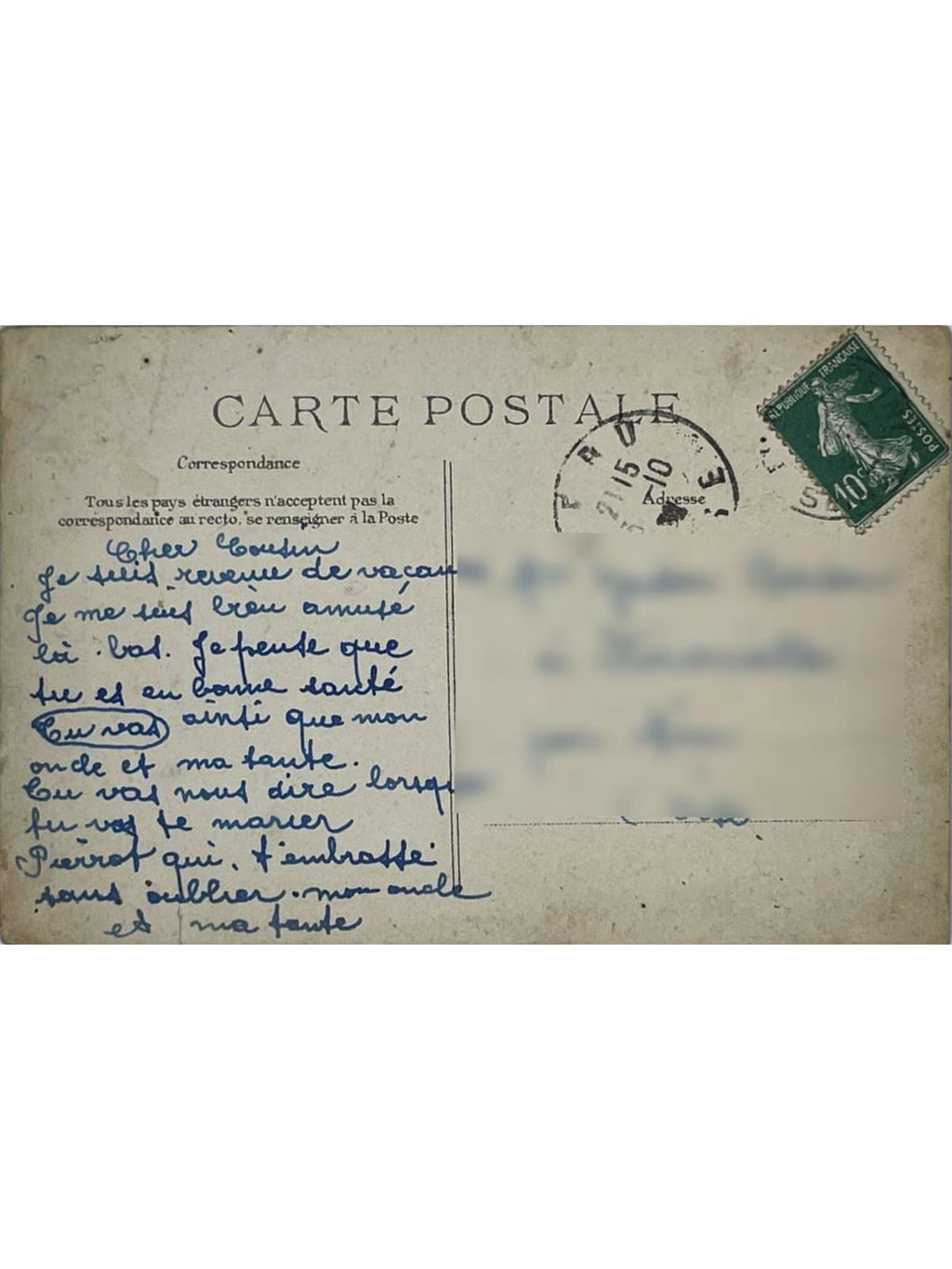 Verso de la carte postale