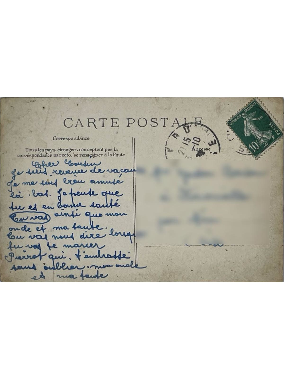 Verso de la carte postale