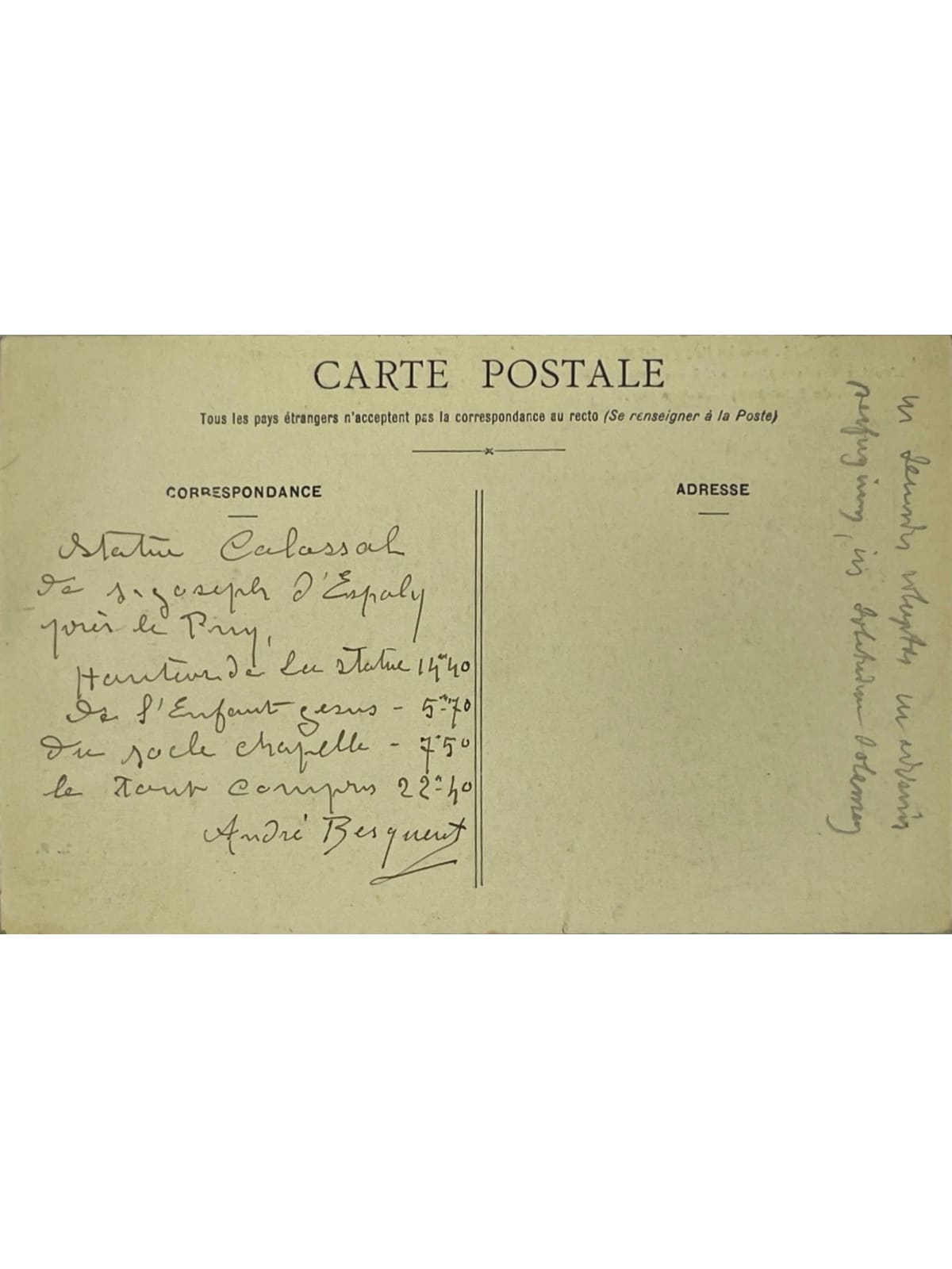 Verso de la carte postale